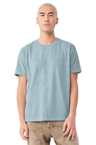 Bella + Canvas BC4810GD Mens Garment Dyed Short Sleeve Crewneck T-Shirt Light Washed Denim Blue Model Front