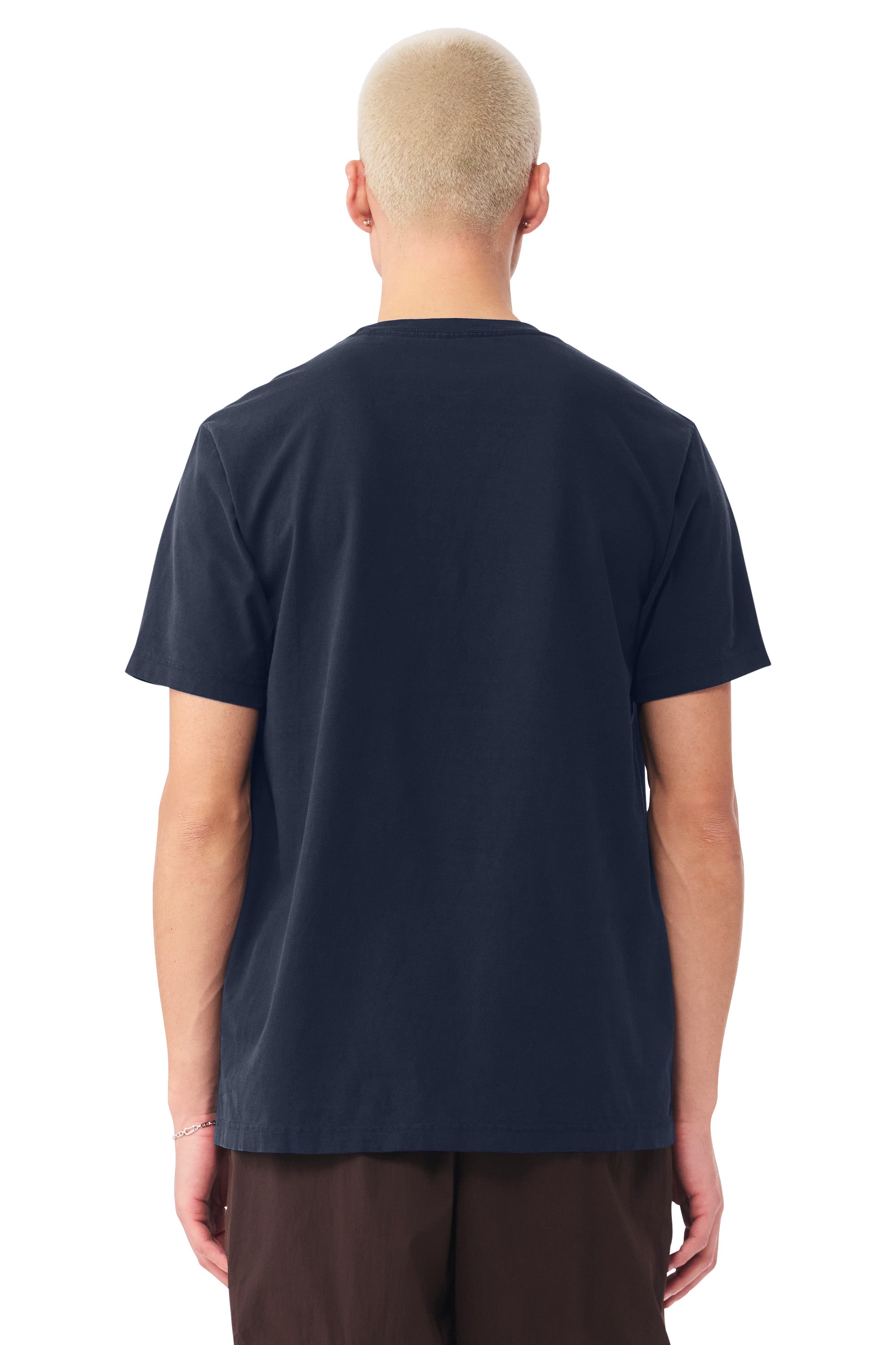 Bella + Canvas BC4810GD Mens Garment Dyed Short Sleeve Crewneck T-Shirt Navy Blue Model Back