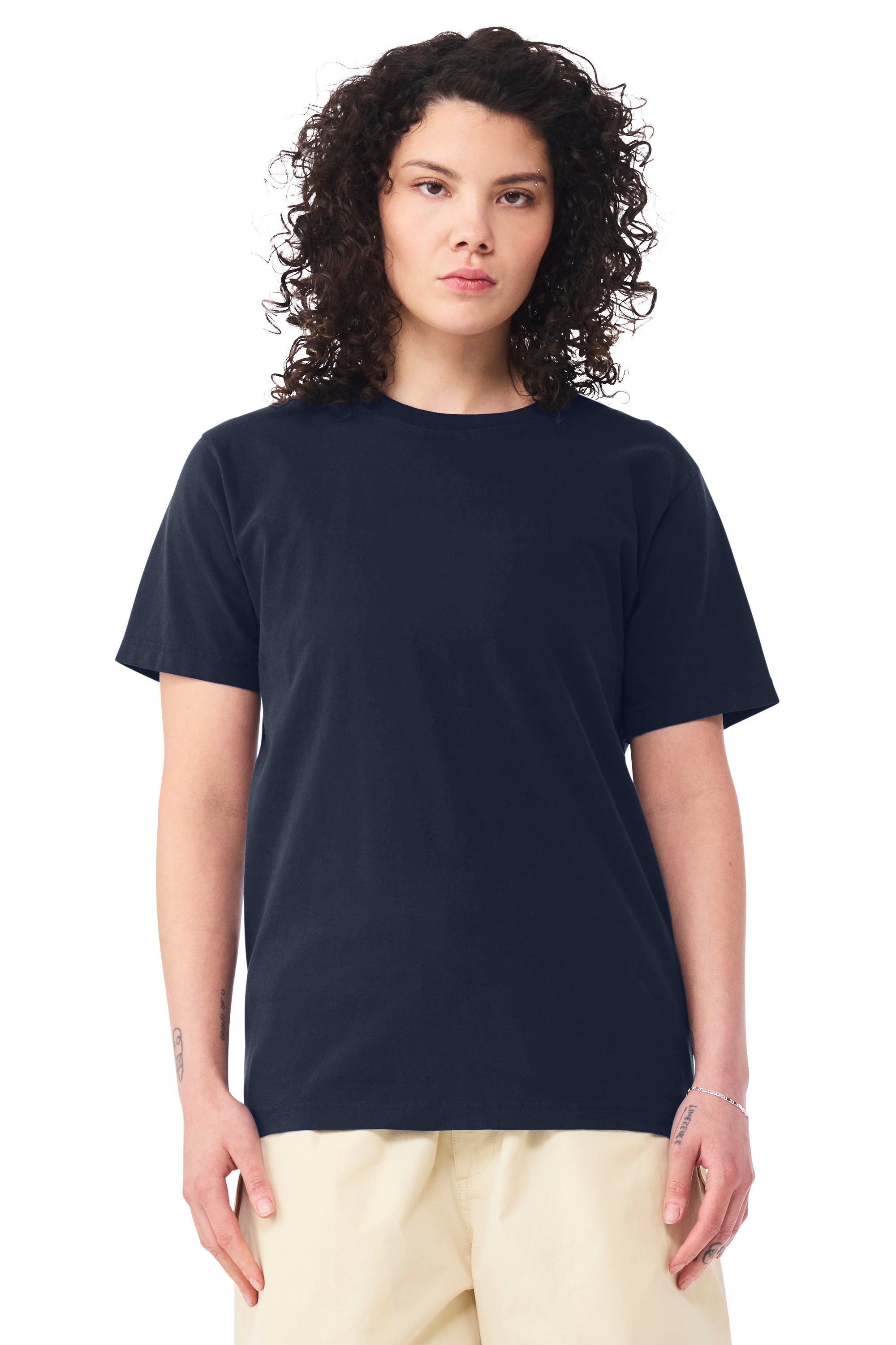 Bella + Canvas BC4810GD Mens Garment Dyed Short Sleeve Crewneck T-Shirt Navy Blue Model Side