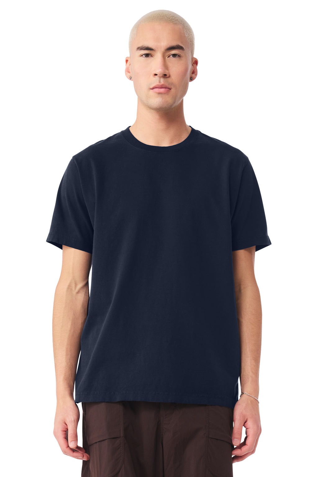 Bella + Canvas BC4810GD Mens Garment Dyed Short Sleeve Crewneck T-Shirt Navy Blue Model Front
