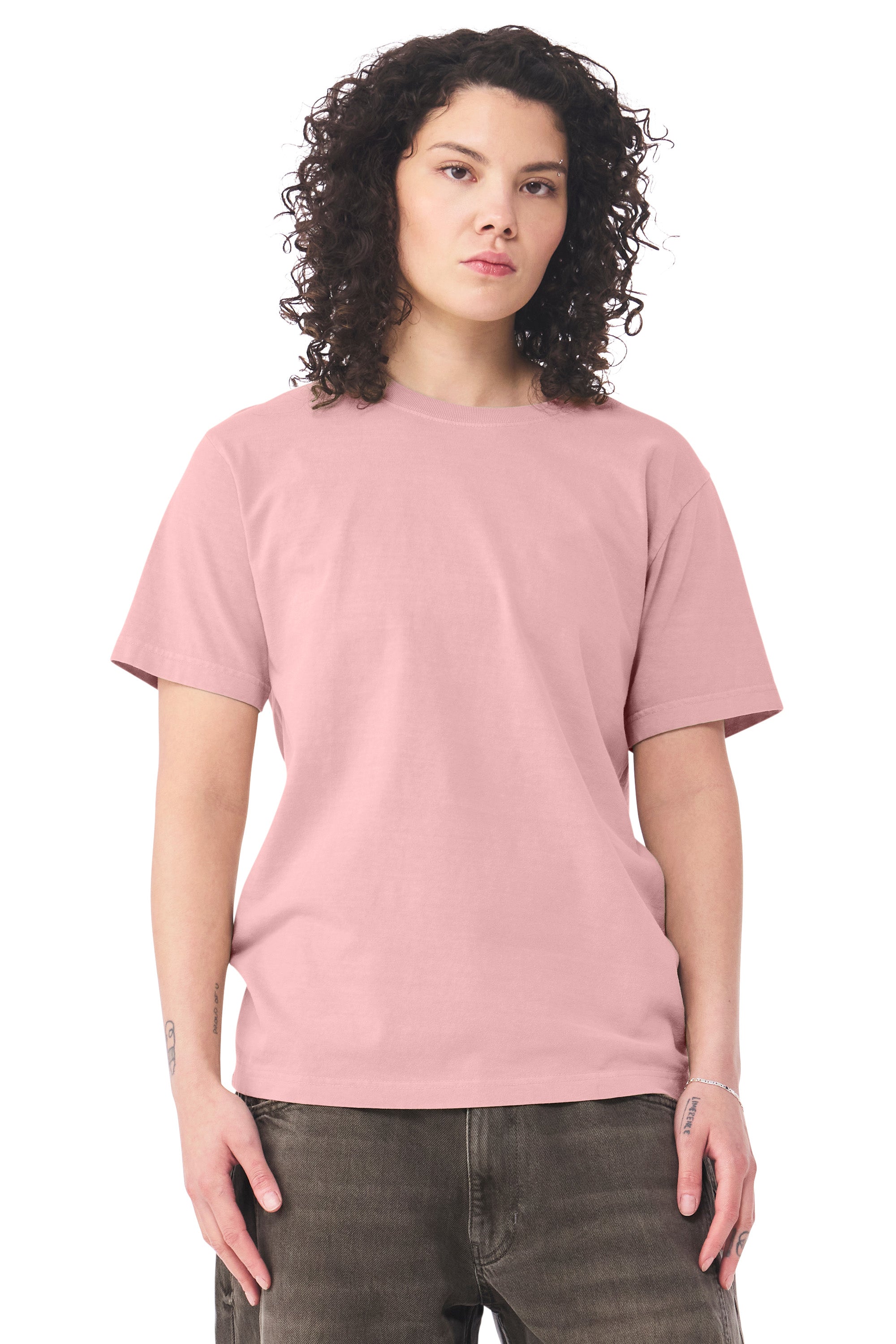 Bella + Canvas BC4810GD Mens Garment Dyed Short Sleeve Crewneck T-Shirt Pink Model Side
