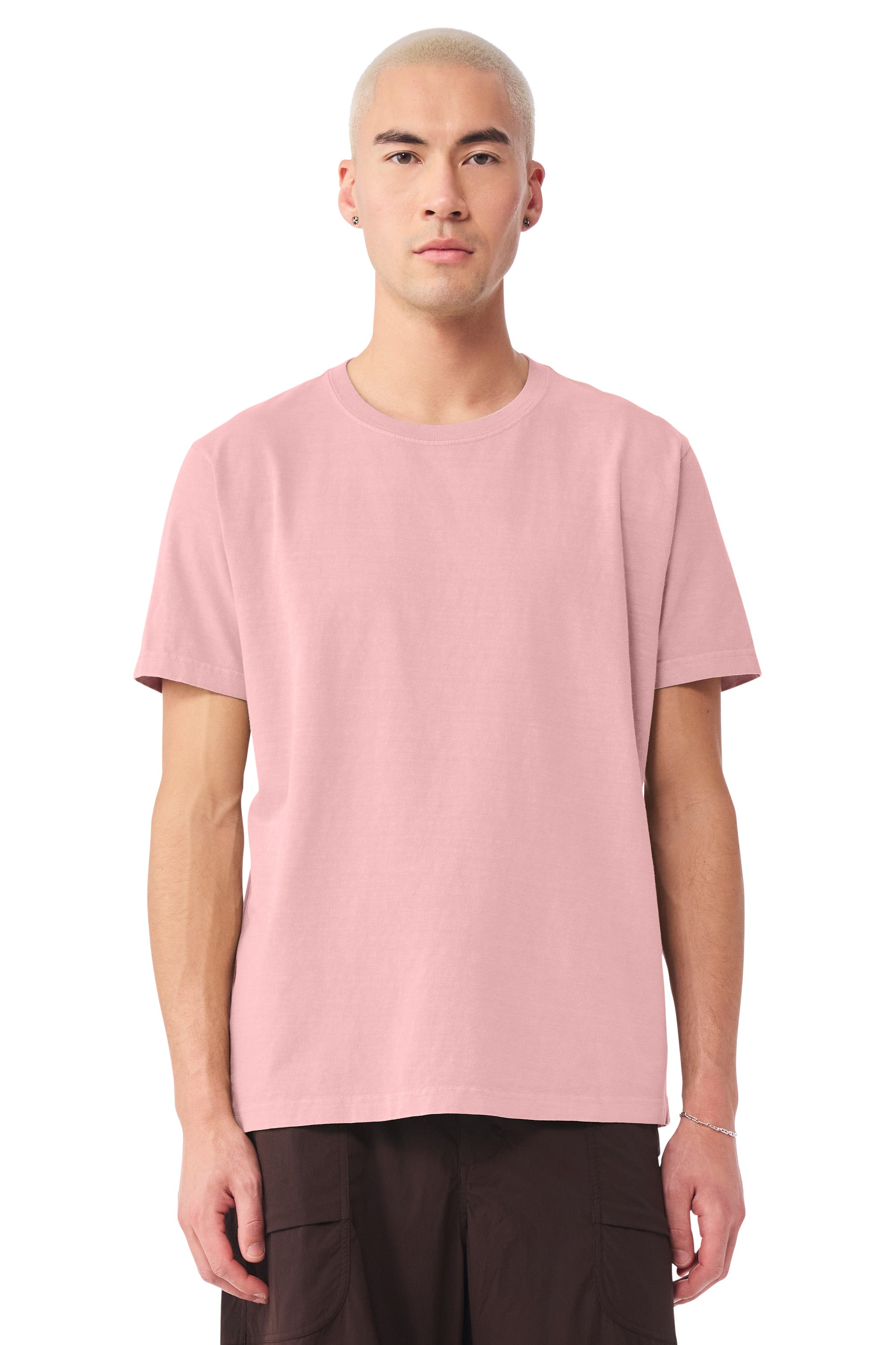 Bella + Canvas BC4810GD Mens Garment Dyed Short Sleeve Crewneck T-Shirt Pink Model Front