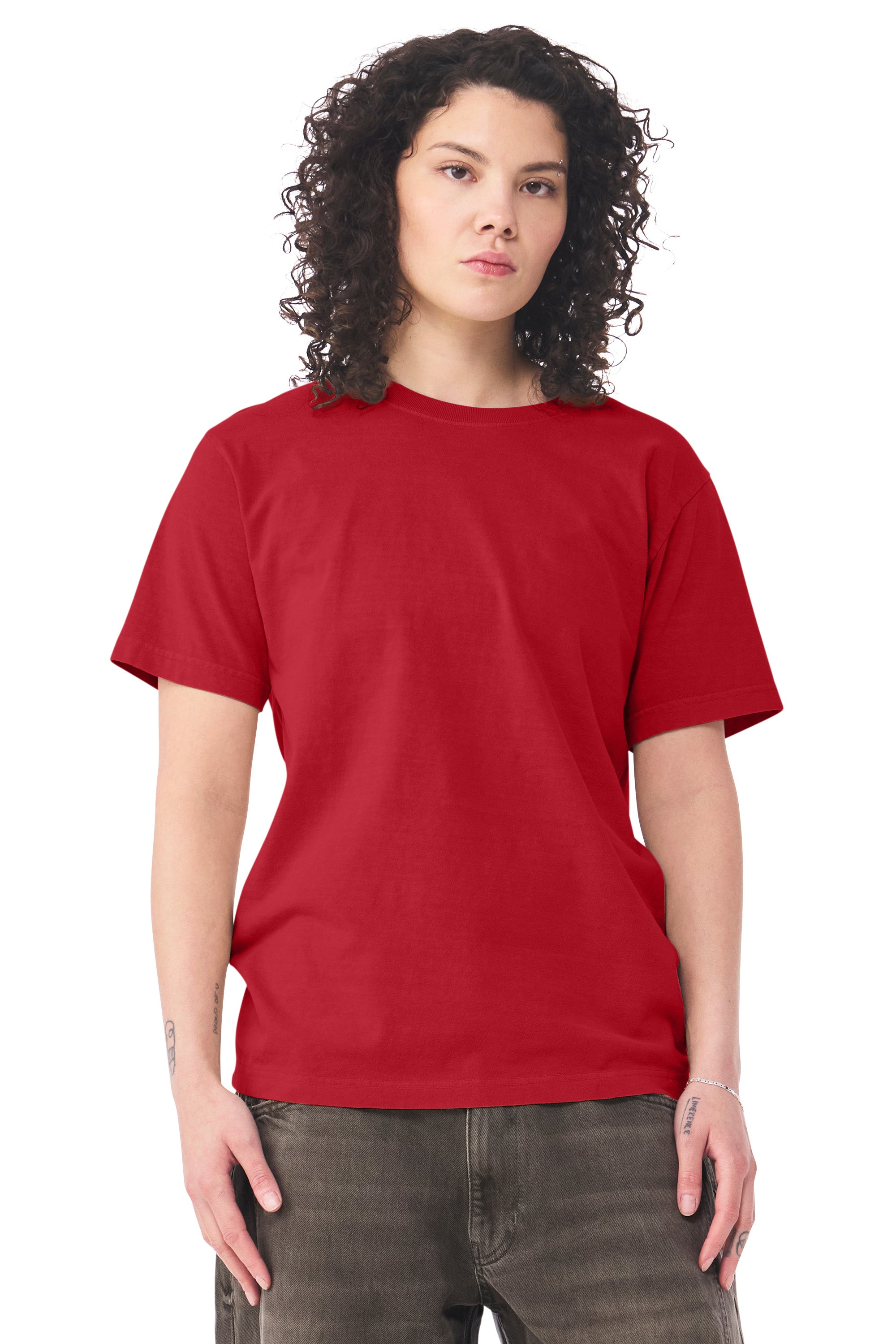Bella + Canvas BC4810GD Mens Garment Dyed Short Sleeve Crewneck T-Shirt Pop Red Model Side