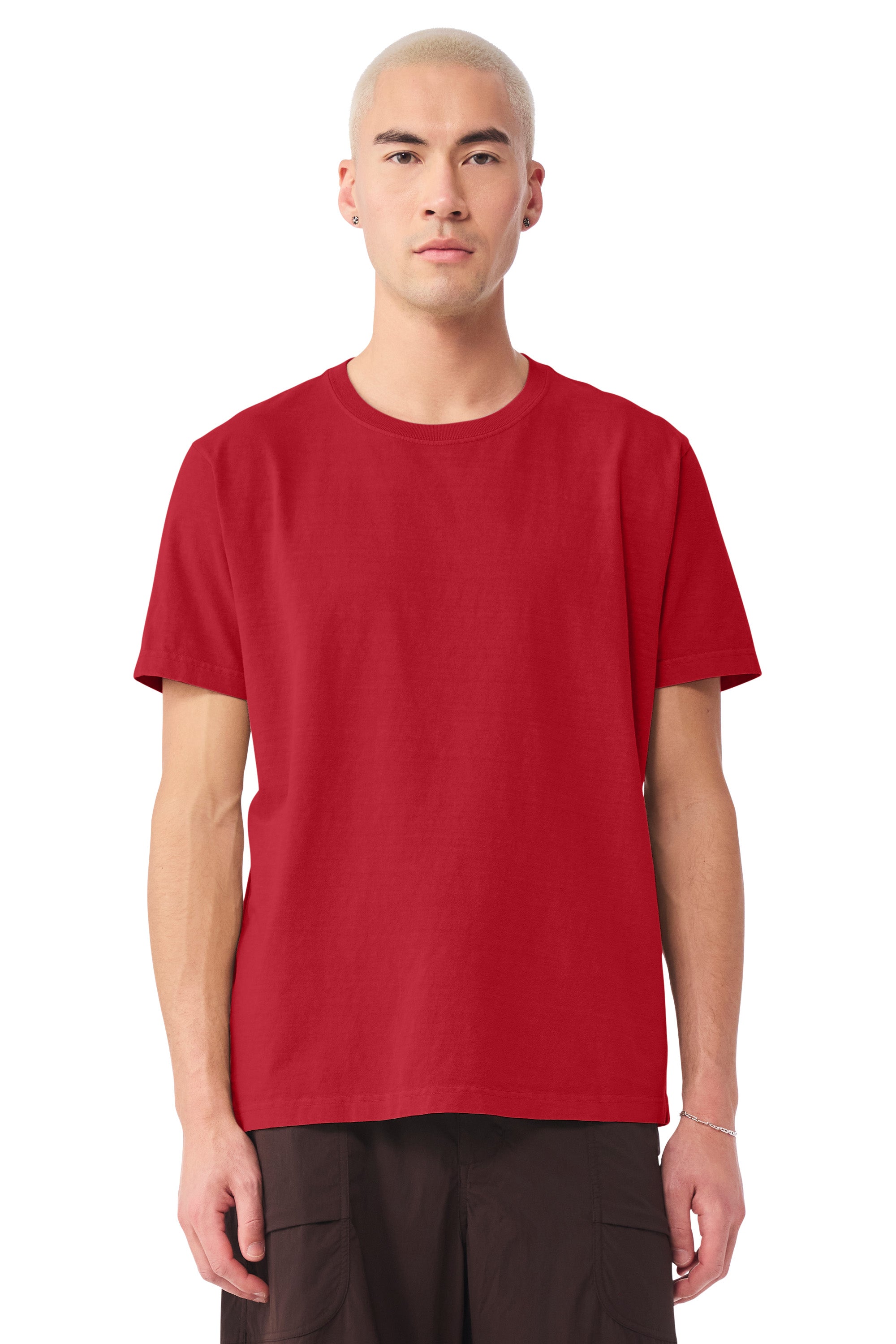 Bella + Canvas BC4810GD Mens Garment Dyed Short Sleeve Crewneck T-Shirt Pop Red Model Front