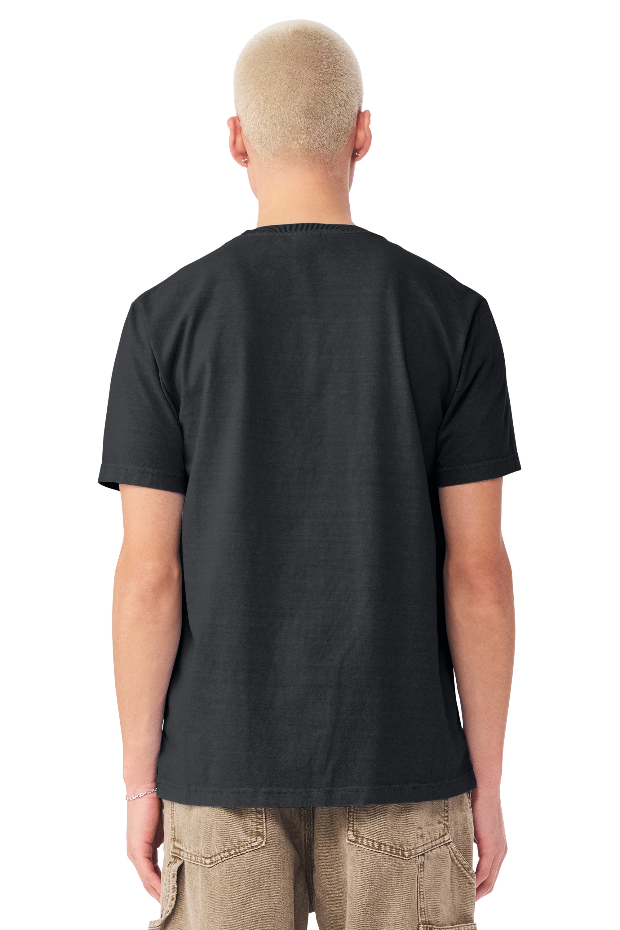 Bella + Canvas BC4810GD Mens Garment Dyed Short Sleeve Crewneck T-Shirt Washed Black Model Back