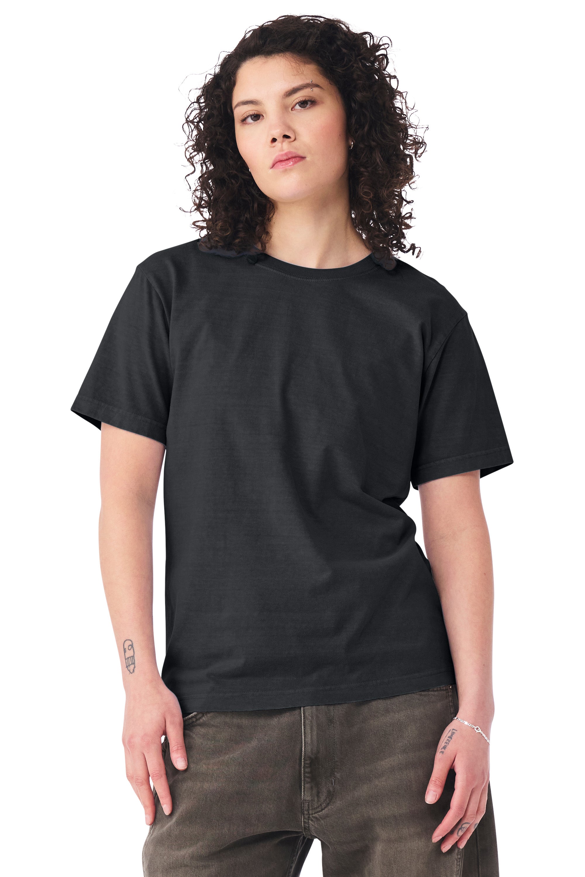 Bella + Canvas BC4810GD Mens Garment Dyed Short Sleeve Crewneck T-Shirt Washed Black Model Side