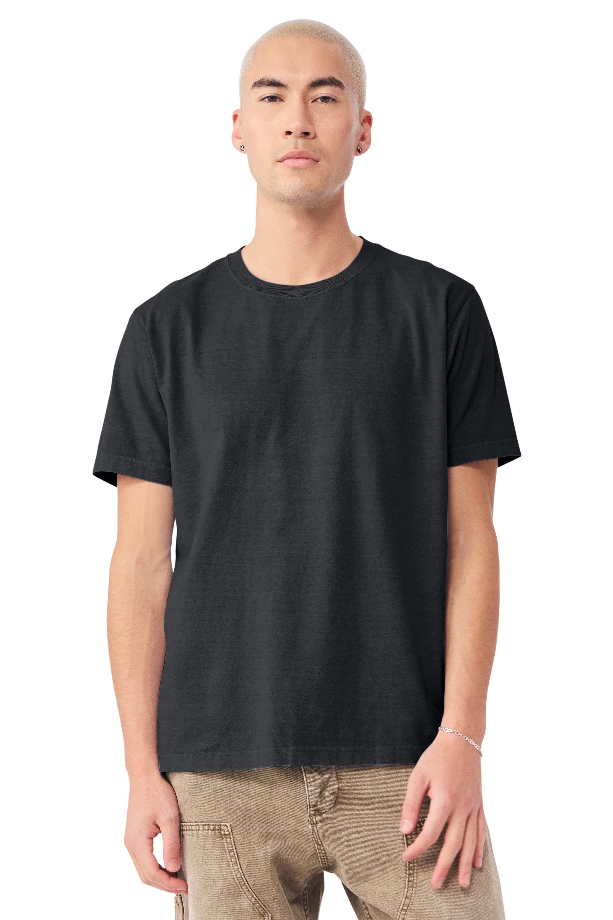Bella + Canvas BC4810GD Mens Garment Dyed Short Sleeve Crewneck T-Shirt Washed Black Model Front