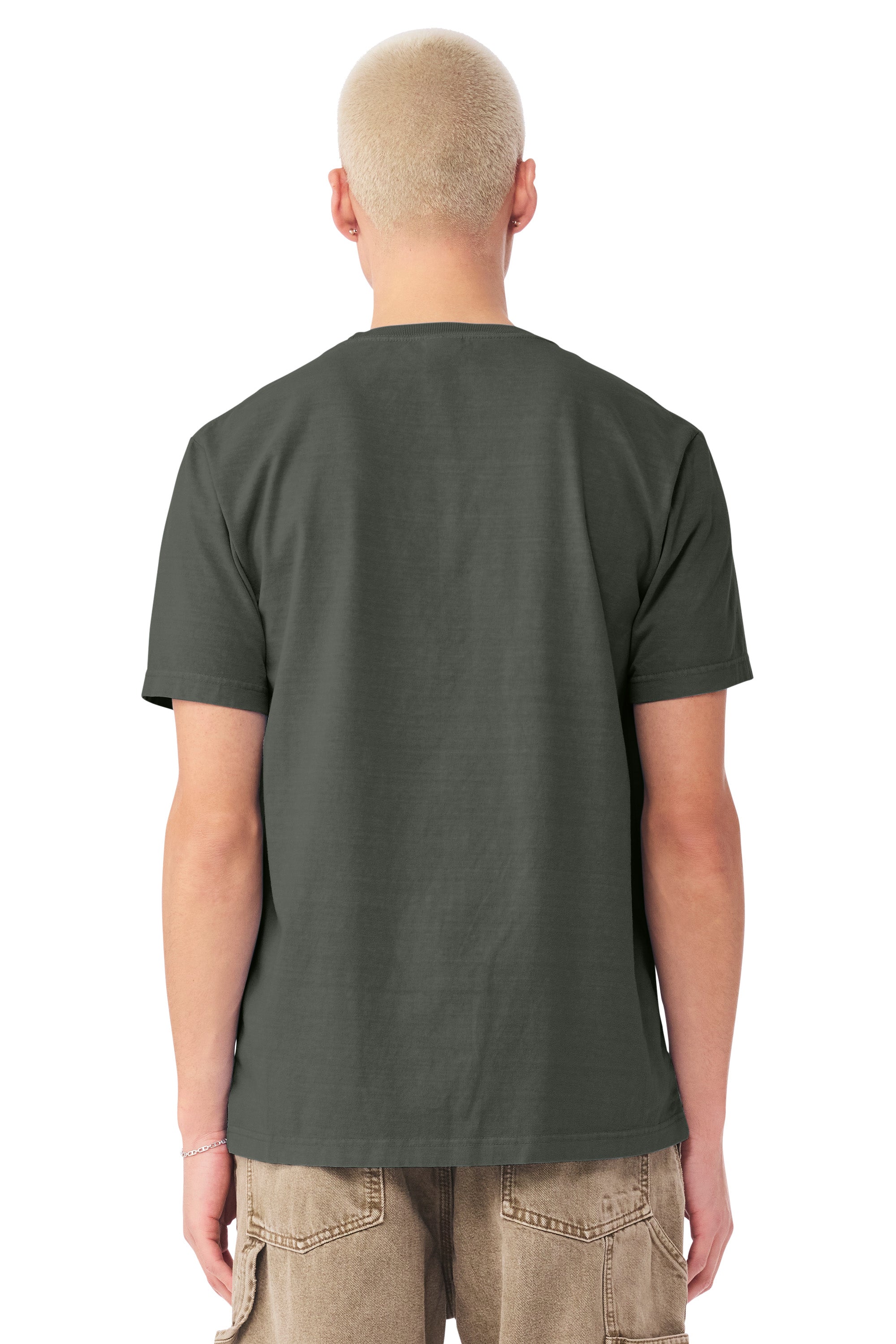 Bella + Canvas BC4810GD Mens Garment Dyed Short Sleeve Crewneck T-Shirt Washed Charcoal Grey Model Back