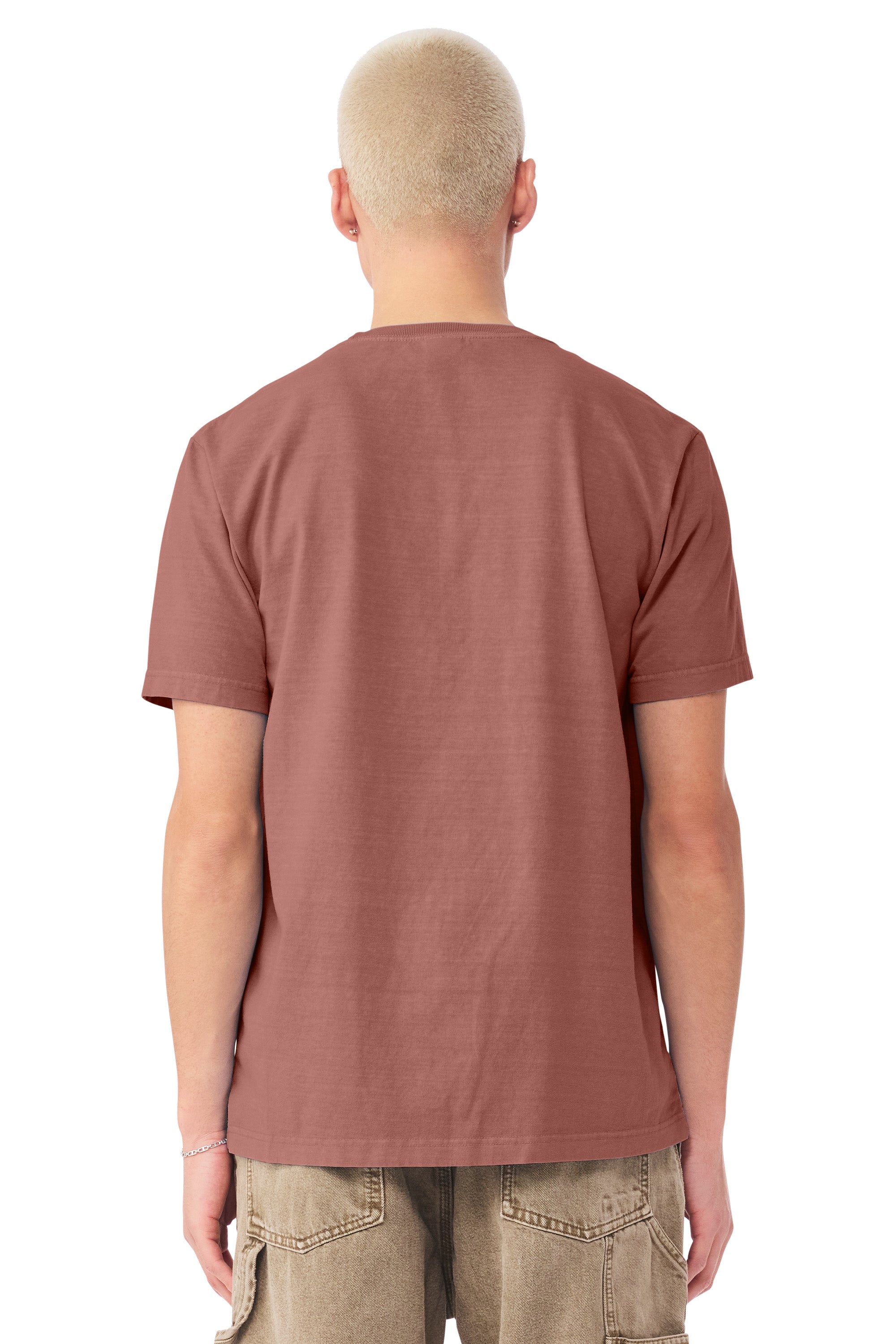 Bella + Canvas BC4810GD Mens Garment Dyed Short Sleeve Crewneck T-Shirt Washed Chestnut Model Back
