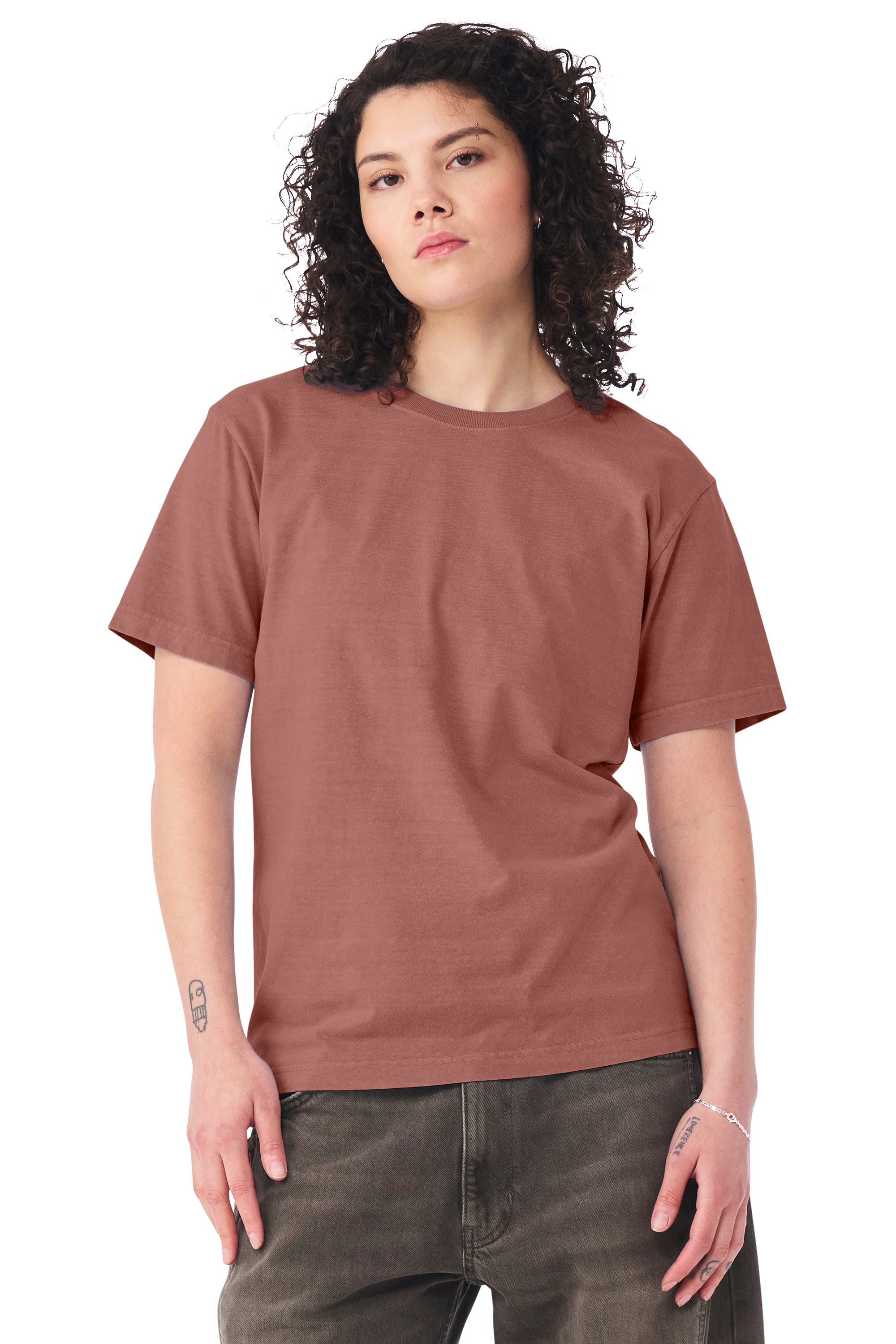 Bella + Canvas BC4810GD Mens Garment Dyed Short Sleeve Crewneck T-Shirt Washed Chestnut Model Side