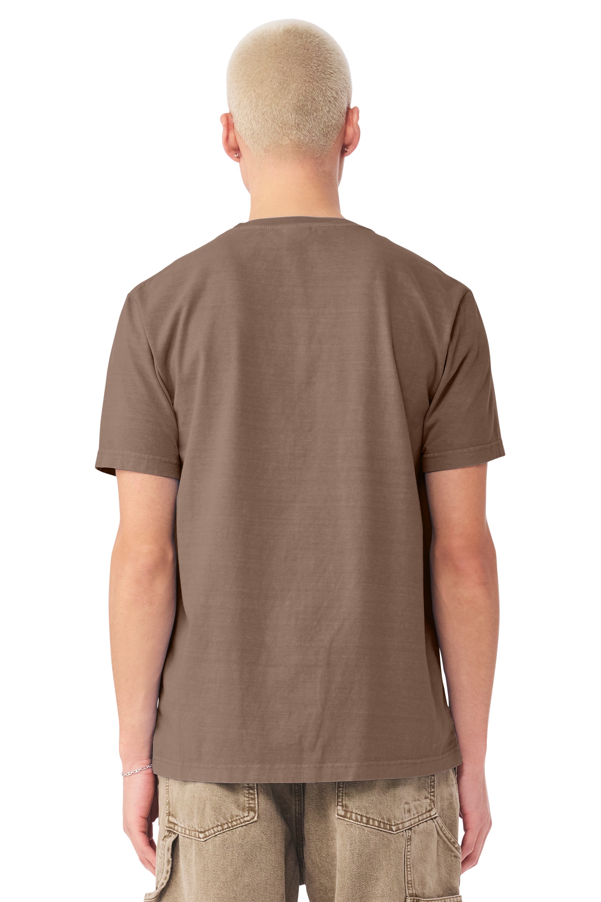 Bella + Canvas BC4810GD Mens Garment Dyed Short Sleeve Crewneck T-Shirt Washed Cocoa Brown Model Back