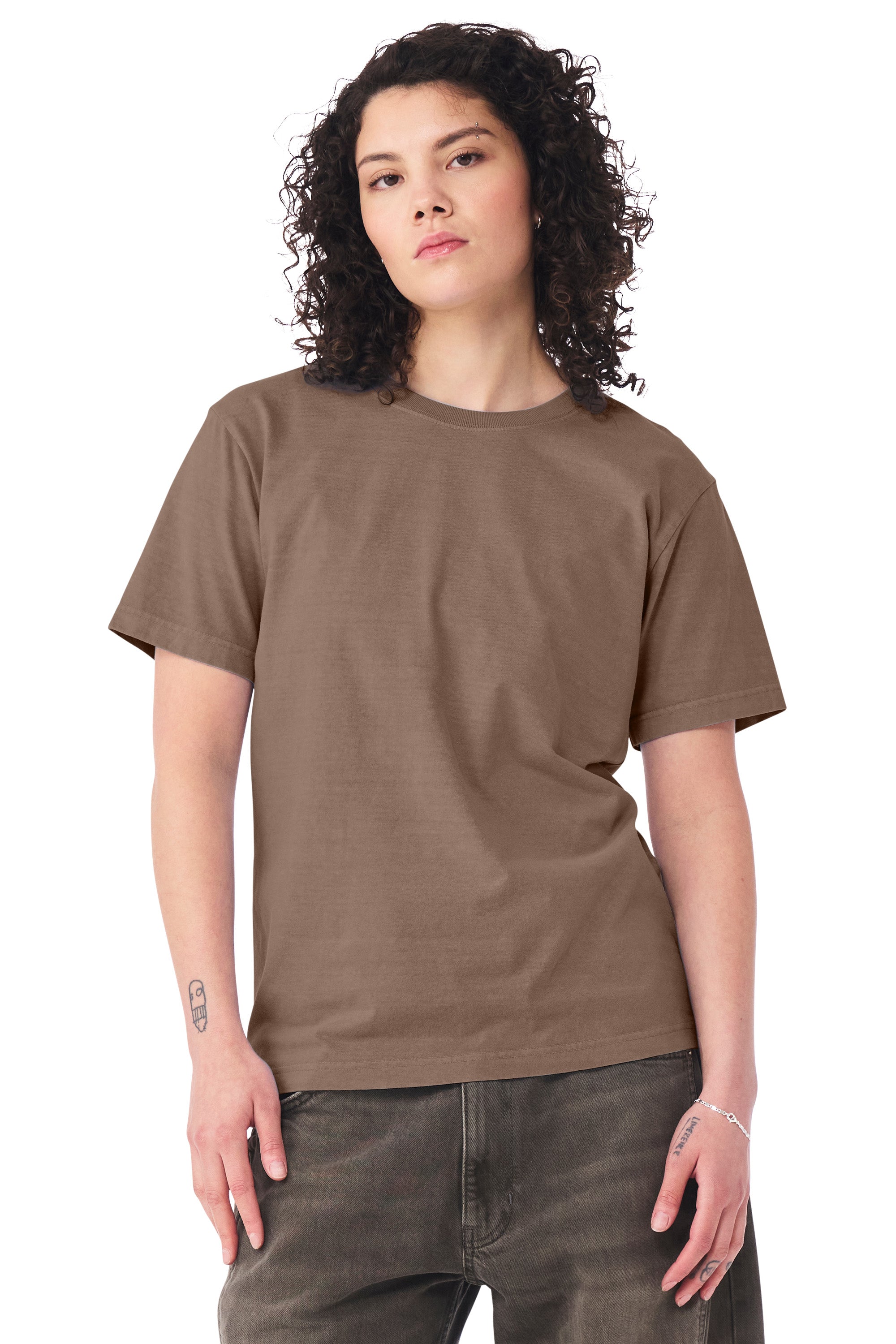 Bella + Canvas BC4810GD Mens Garment Dyed Short Sleeve Crewneck T-Shirt Washed Cocoa Brown Model Side