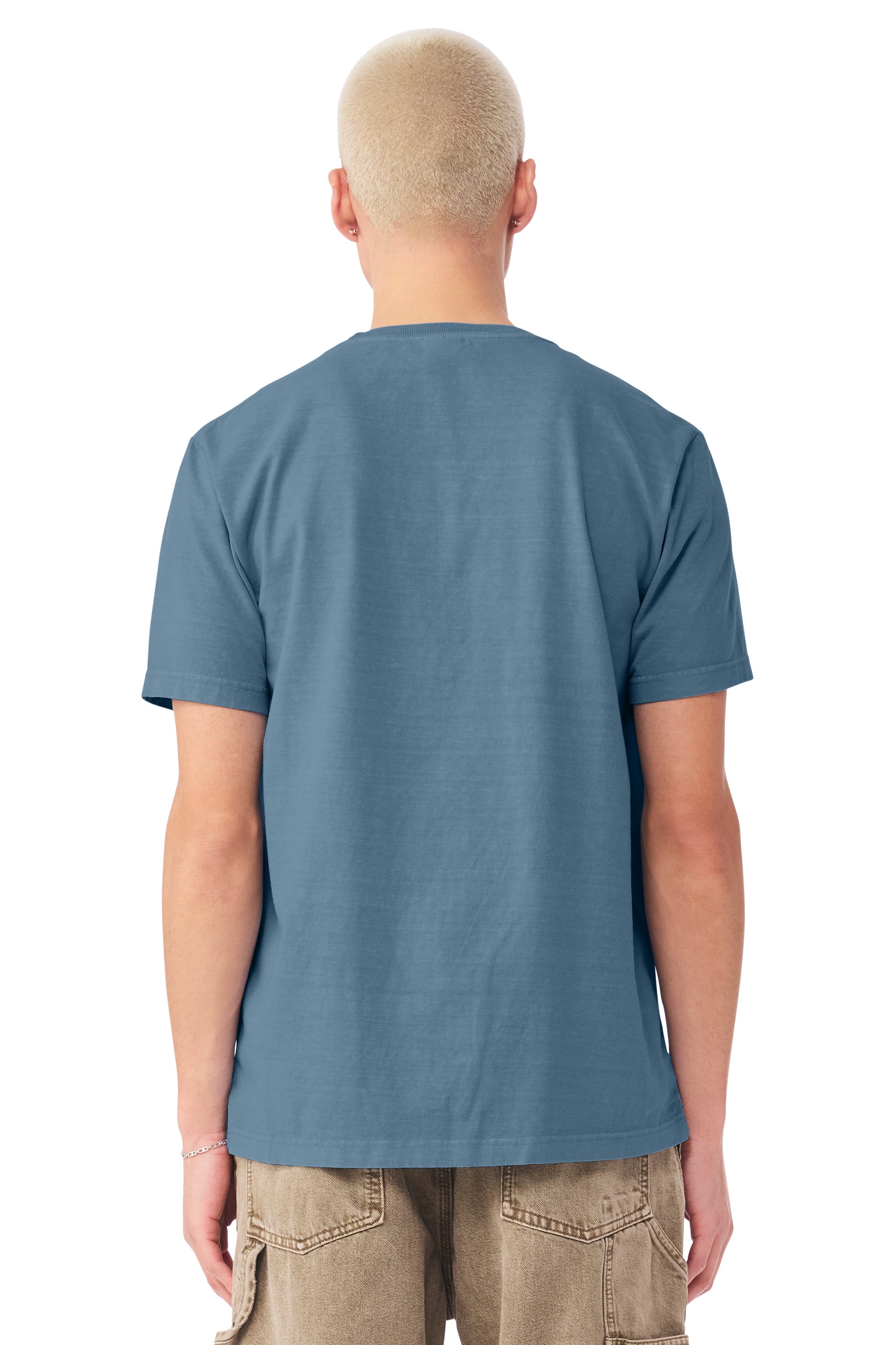 Bella + Canvas BC4810GD Mens Garment Dyed Short Sleeve Crewneck T-Shirt Washed Denim Blue Model Back