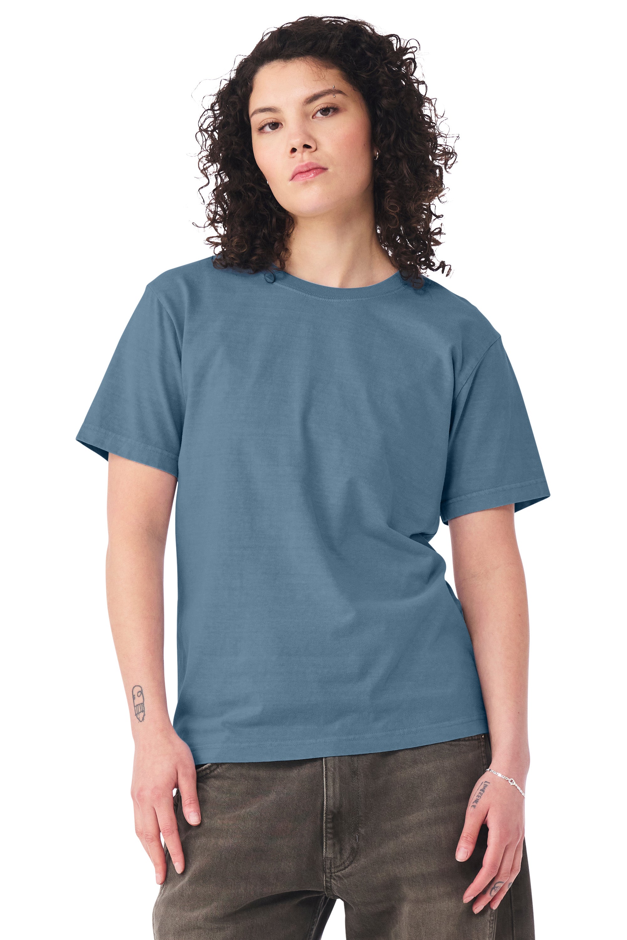 Bella + Canvas BC4810GD Mens Garment Dyed Short Sleeve Crewneck T-Shirt Washed Denim Blue Model Side