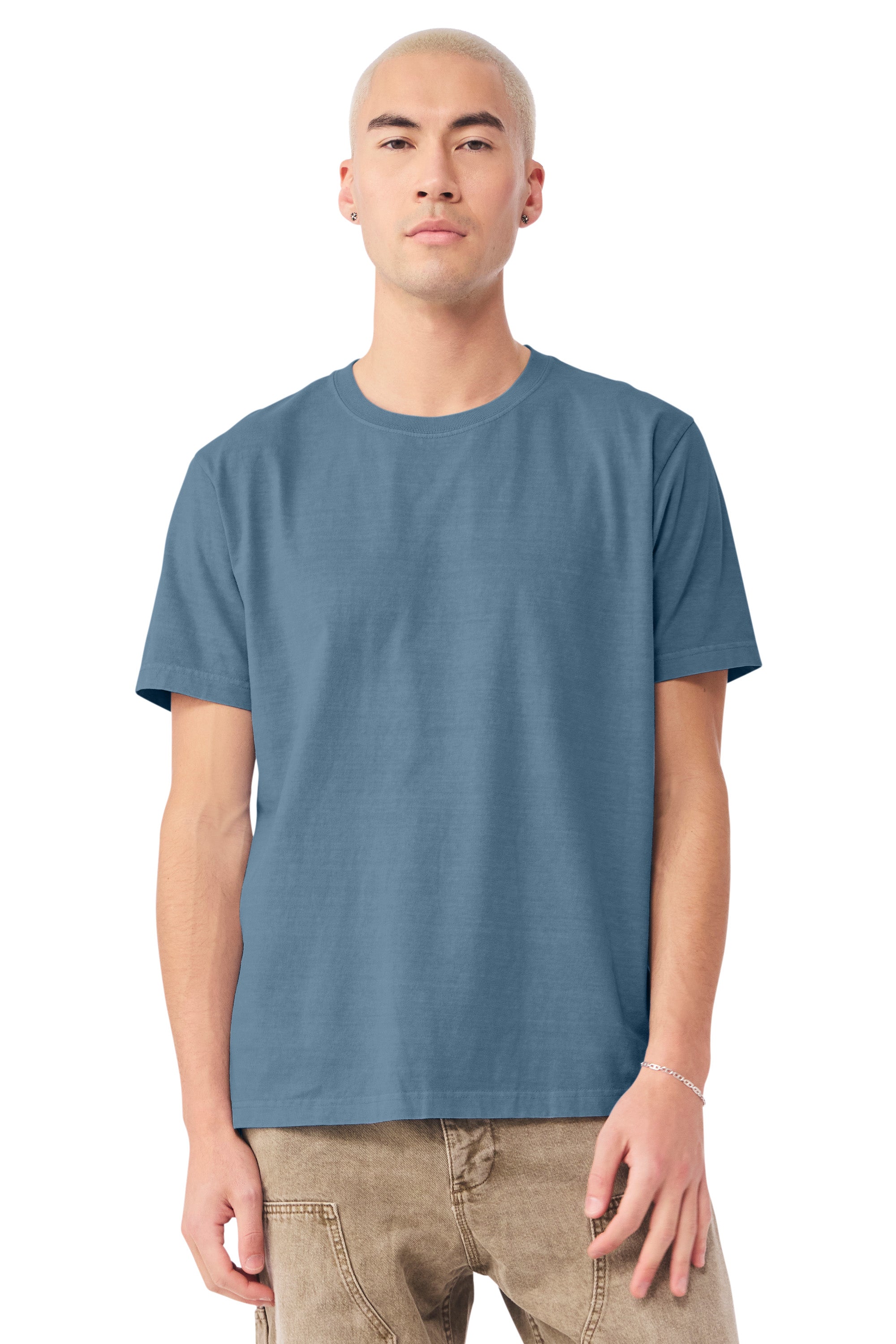 Bella + Canvas BC4810GD Mens Garment Dyed Short Sleeve Crewneck T-Shirt Washed Denim Blue Model Front