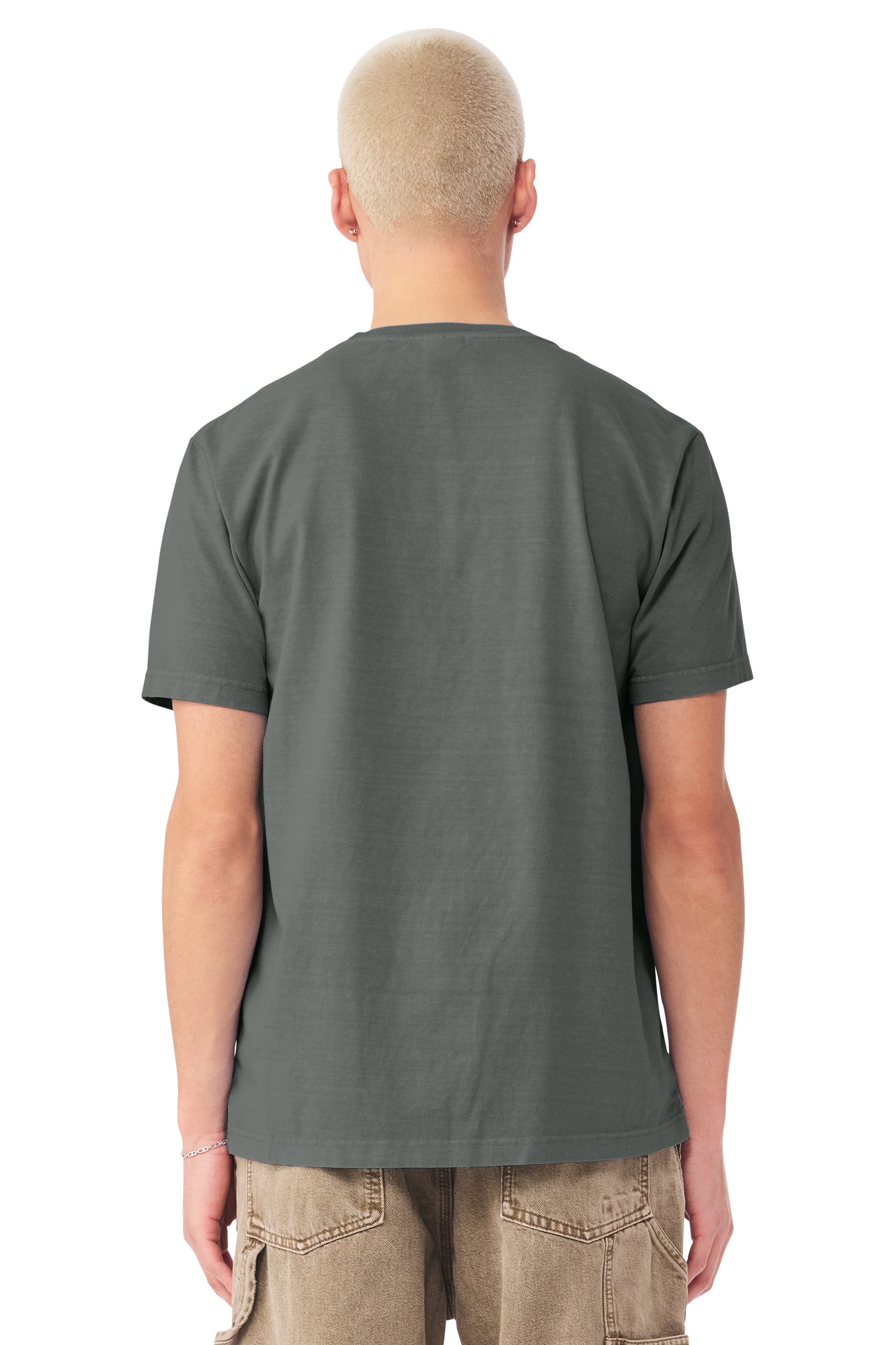 Bella + Canvas BC4810GD Mens Garment Dyed Short Sleeve Crewneck T-Shirt Washed Grey Model Back