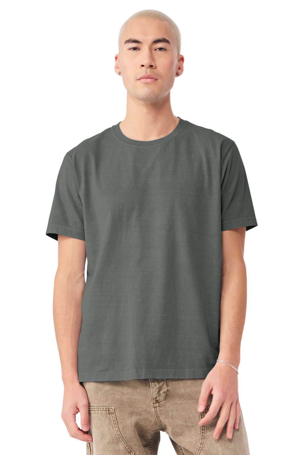 Bella + Canvas BC4810GD Mens Garment Dyed Short Sleeve Crewneck T-Shirt Washed Grey Model Front