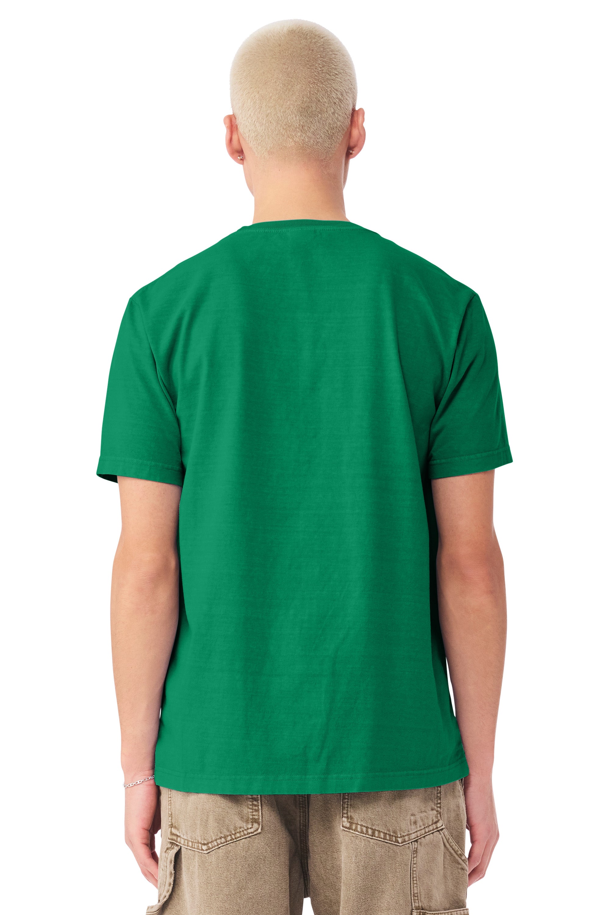 Bella + Canvas BC4810GD Mens Garment Dyed Short Sleeve Crewneck T-Shirt Washed Kelly Green Model Back