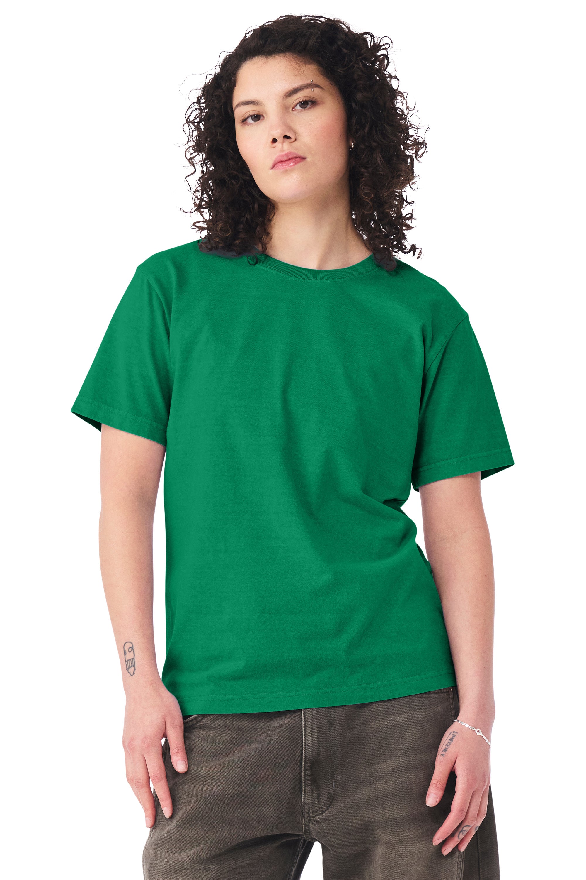 Bella + Canvas BC4810GD Mens Garment Dyed Short Sleeve Crewneck T-Shirt Washed Kelly Green Model Side