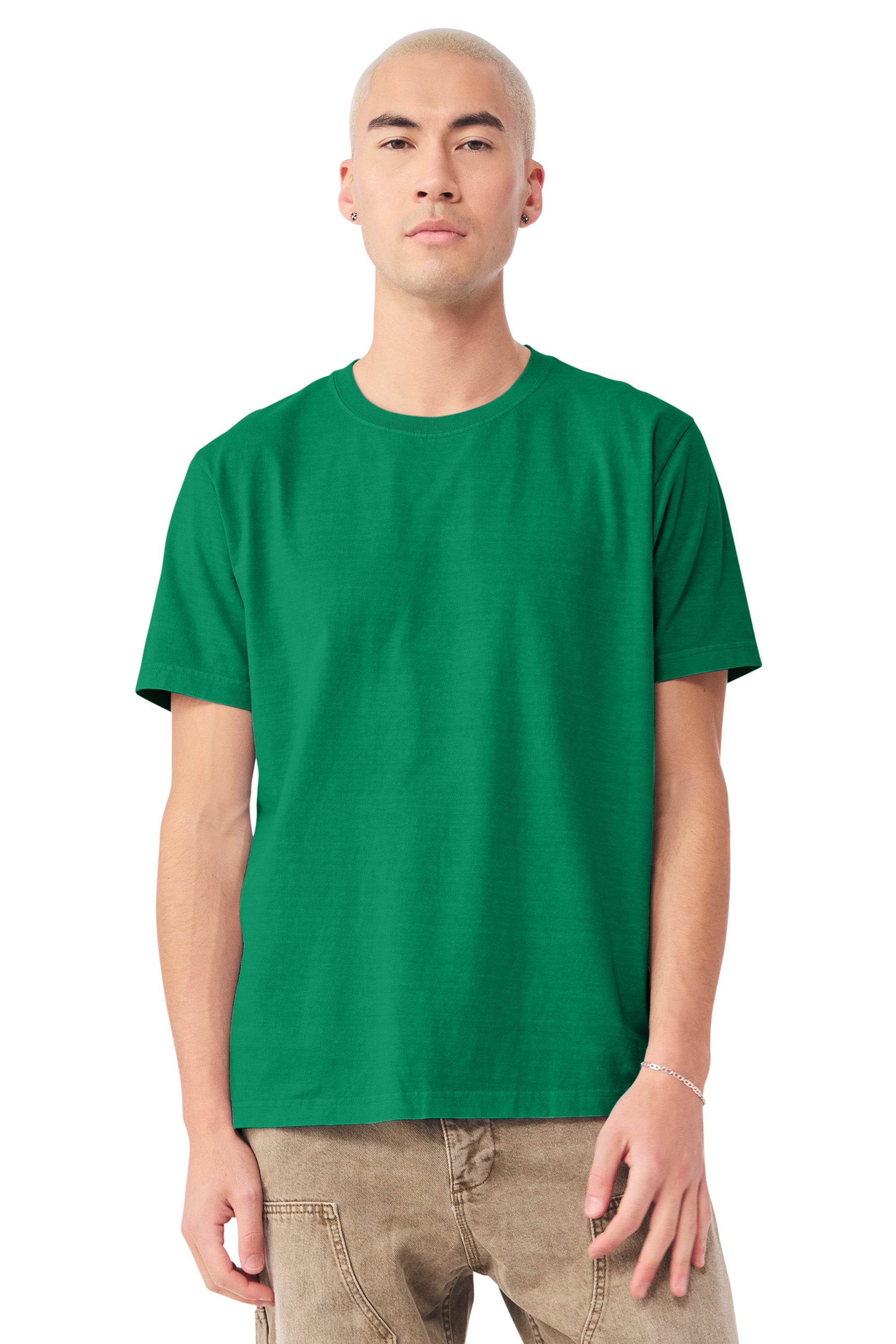 Bella + Canvas BC4810GD Mens Garment Dyed Short Sleeve Crewneck T-Shirt Washed Kelly Green Model Front