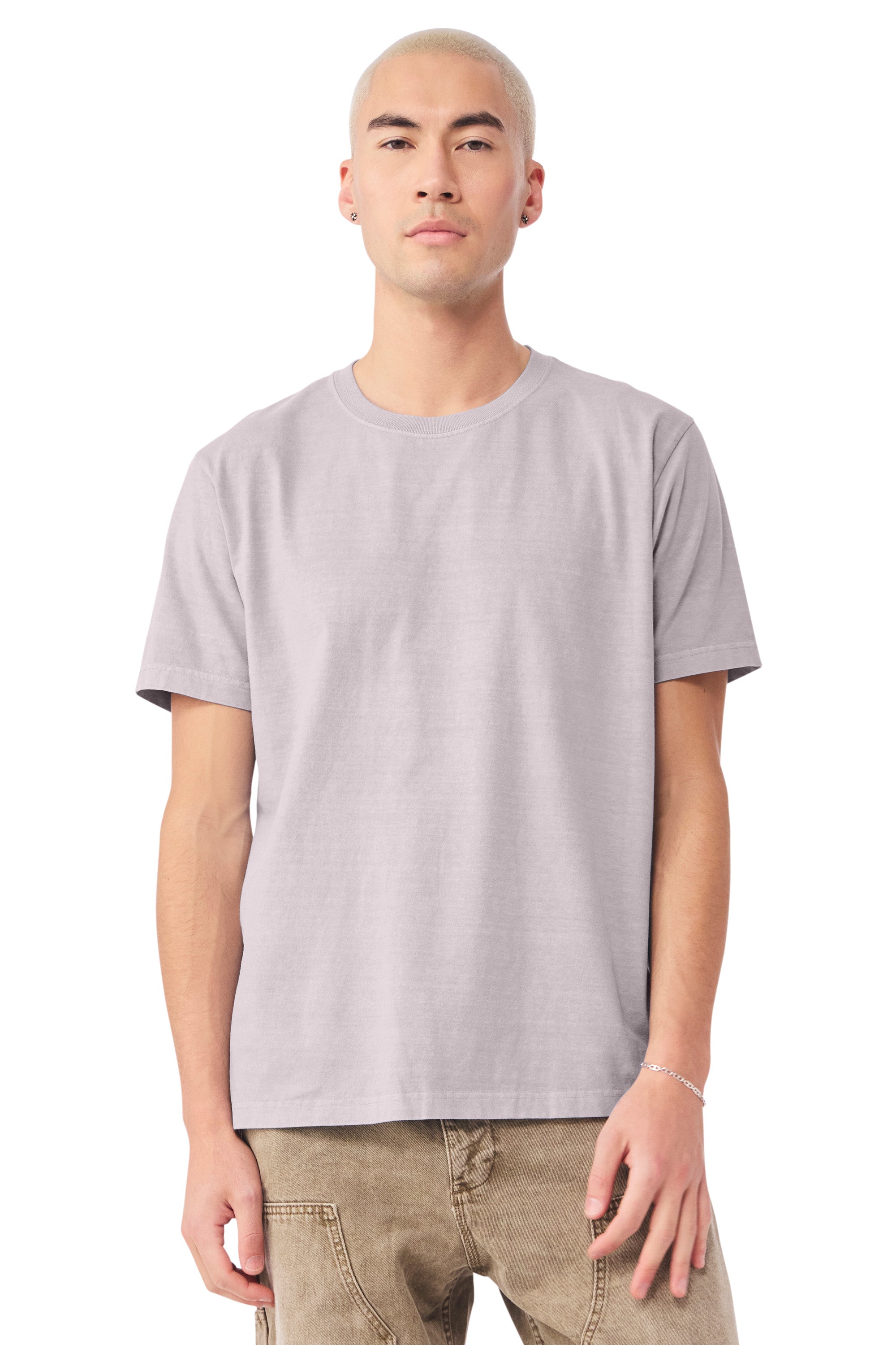 Bella + Canvas BC4810GD Mens Garment Dyed Short Sleeve Crewneck T-Shirt Washed Lavender Purple Model Front