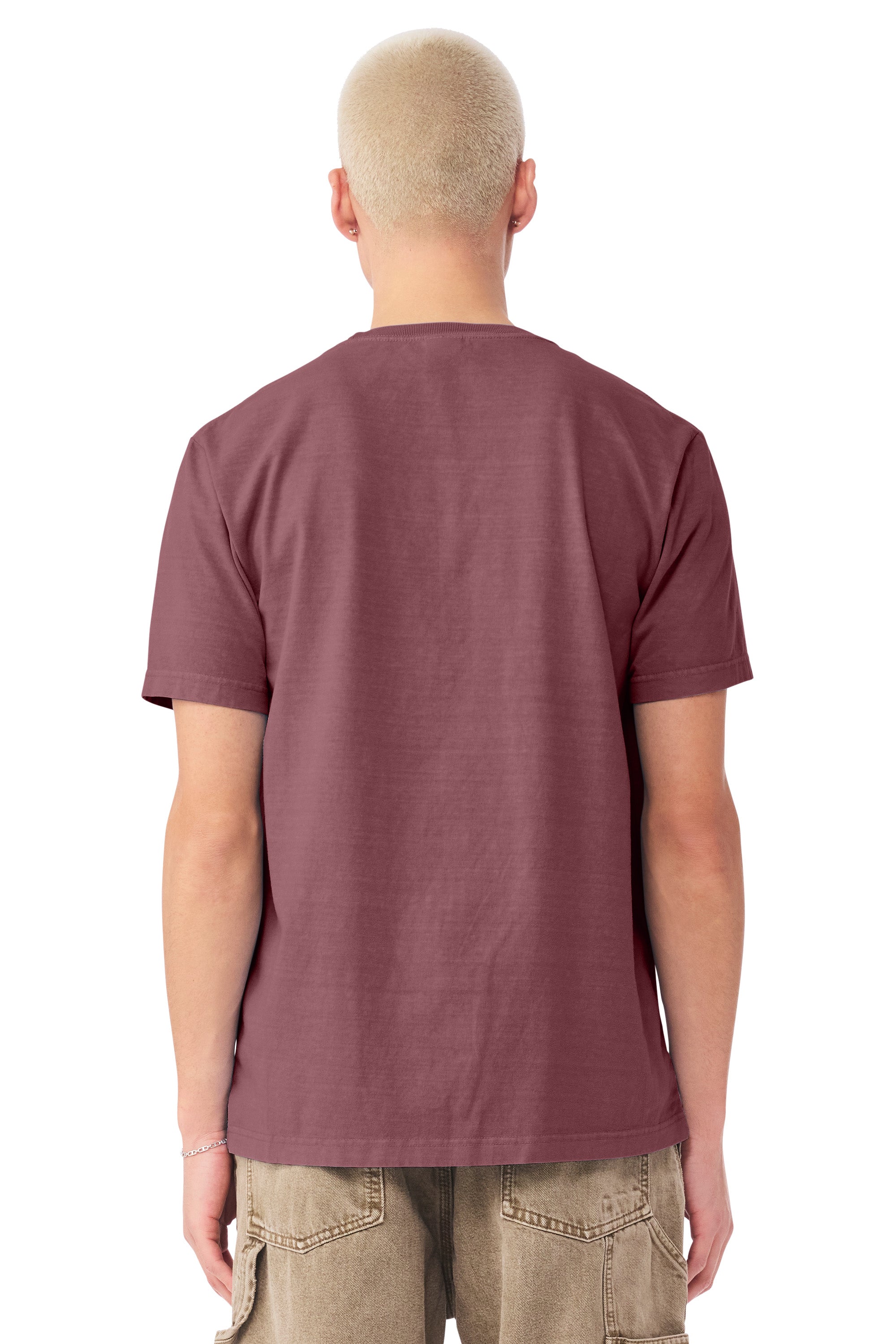 Bella + Canvas BC4810GD Mens Garment Dyed Short Sleeve Crewneck T-Shirt Washed Maroon Model Back