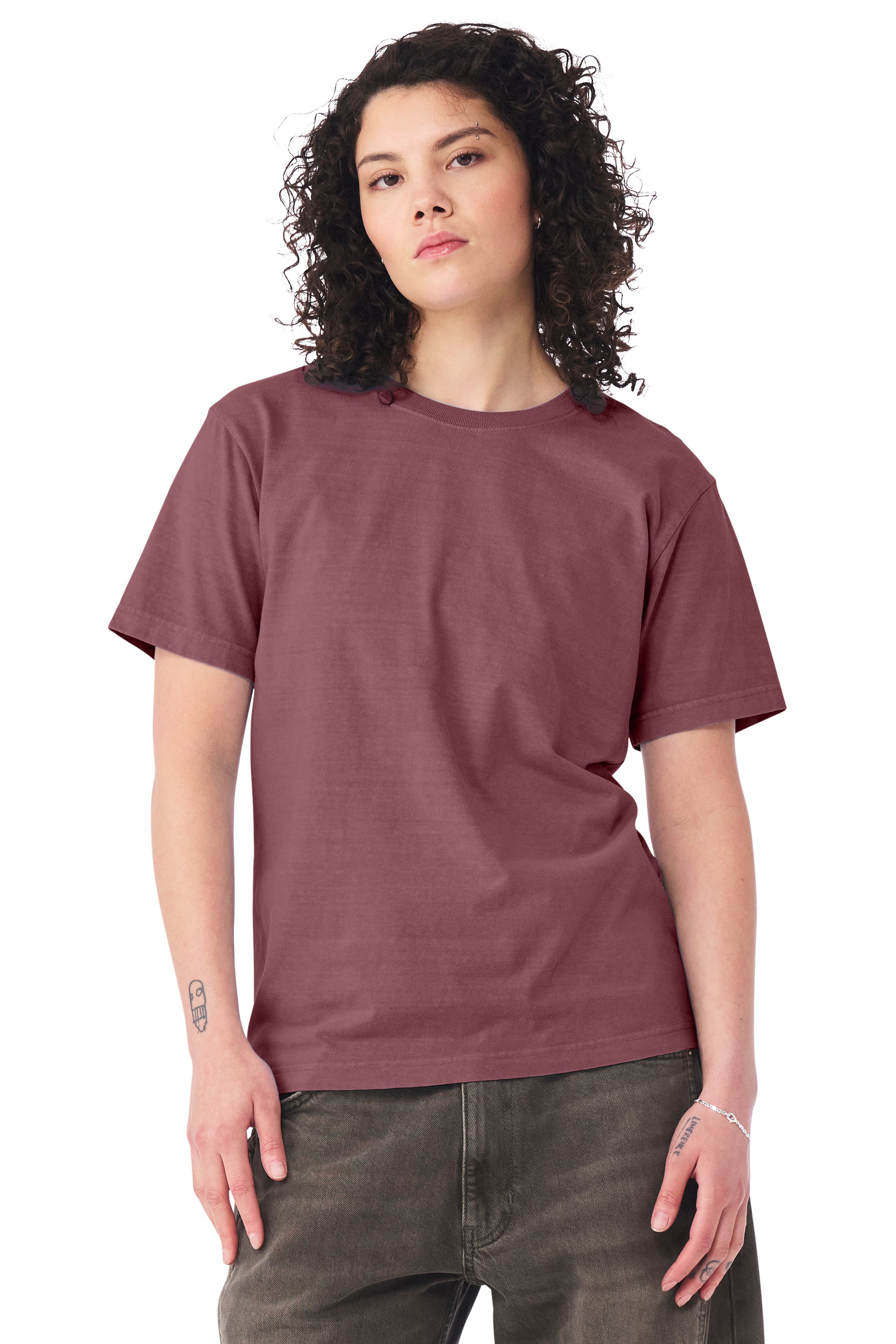 Bella + Canvas BC4810GD Mens Garment Dyed Short Sleeve Crewneck T-Shirt Washed Maroon Model Side