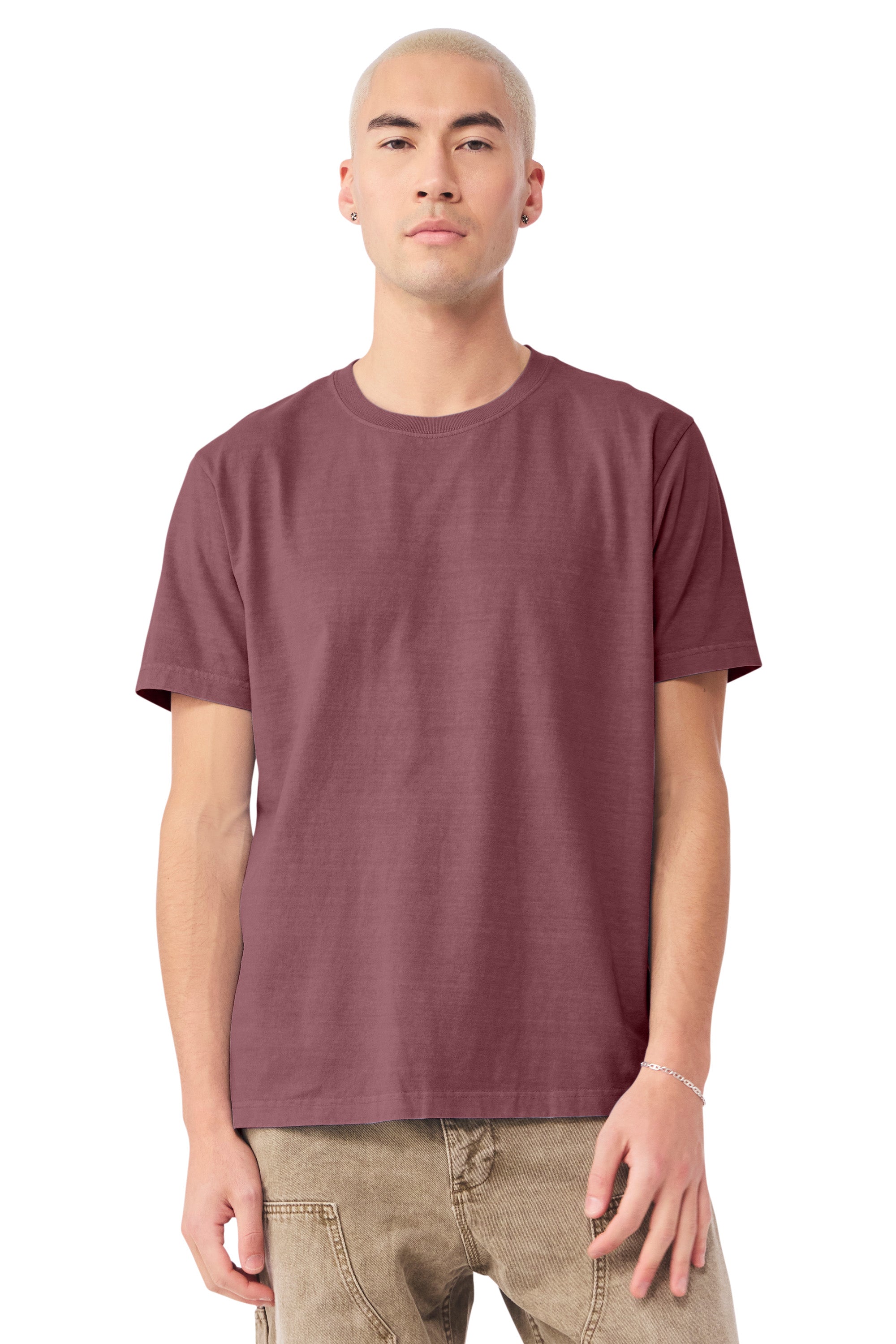 Bella + Canvas BC4810GD Mens Garment Dyed Short Sleeve Crewneck T-Shirt Washed Maroon Model Front