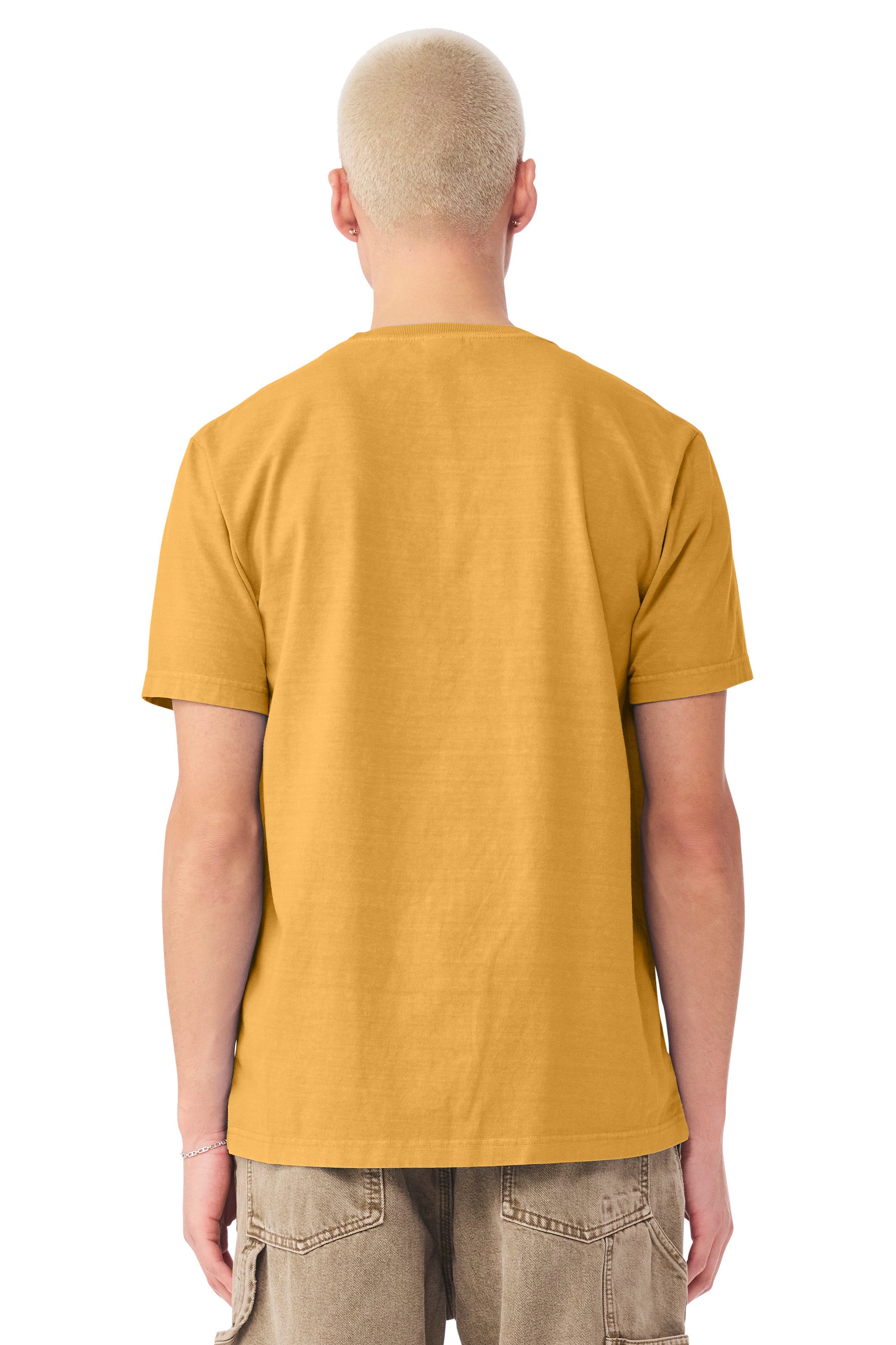 Bella + Canvas BC4810GD Mens Garment Dyed Short Sleeve Crewneck T-Shirt Washed Mustard Yellow Model Back