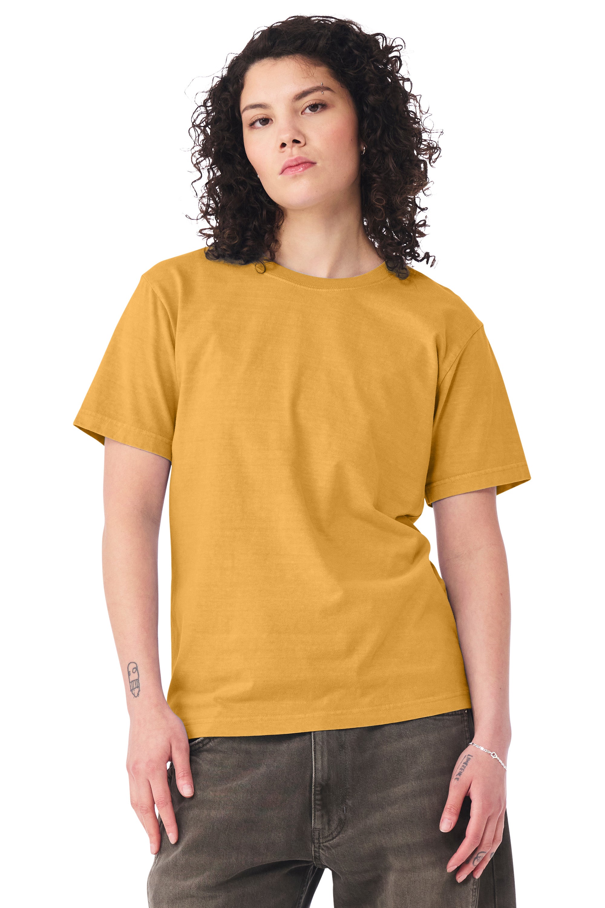 Bella + Canvas BC4810GD Mens Garment Dyed Short Sleeve Crewneck T-Shirt Washed Mustard Yellow Model Side