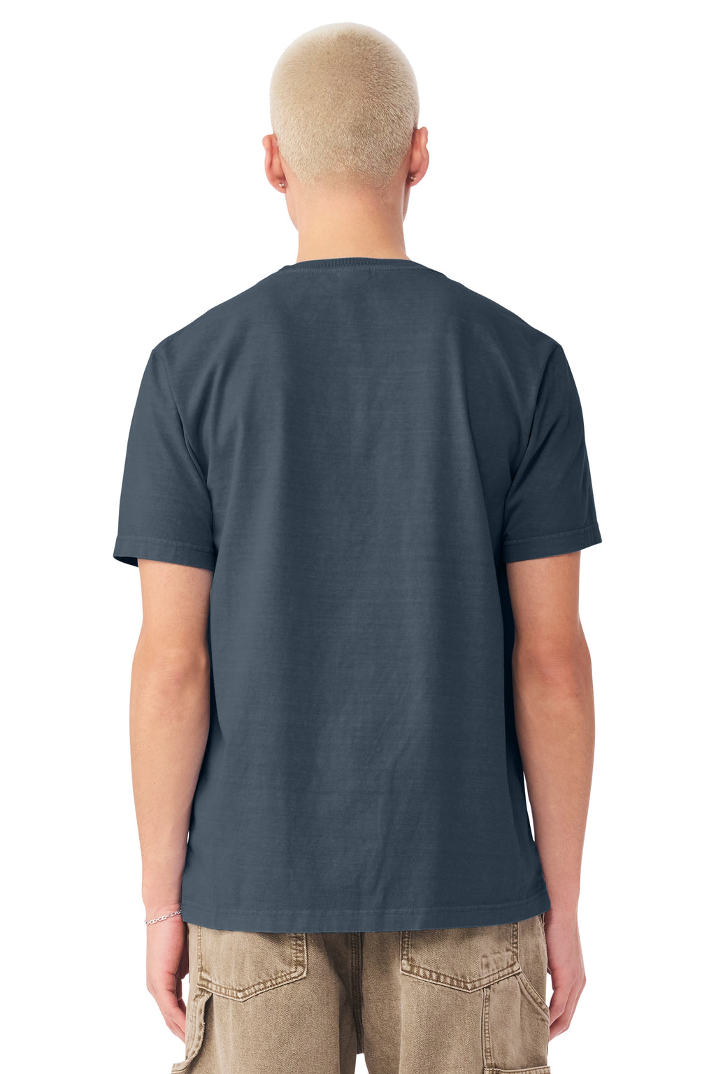 Bella + Canvas BC4810GD Mens Garment Dyed Short Sleeve Crewneck T-Shirt Washed Navy Blue Model Back
