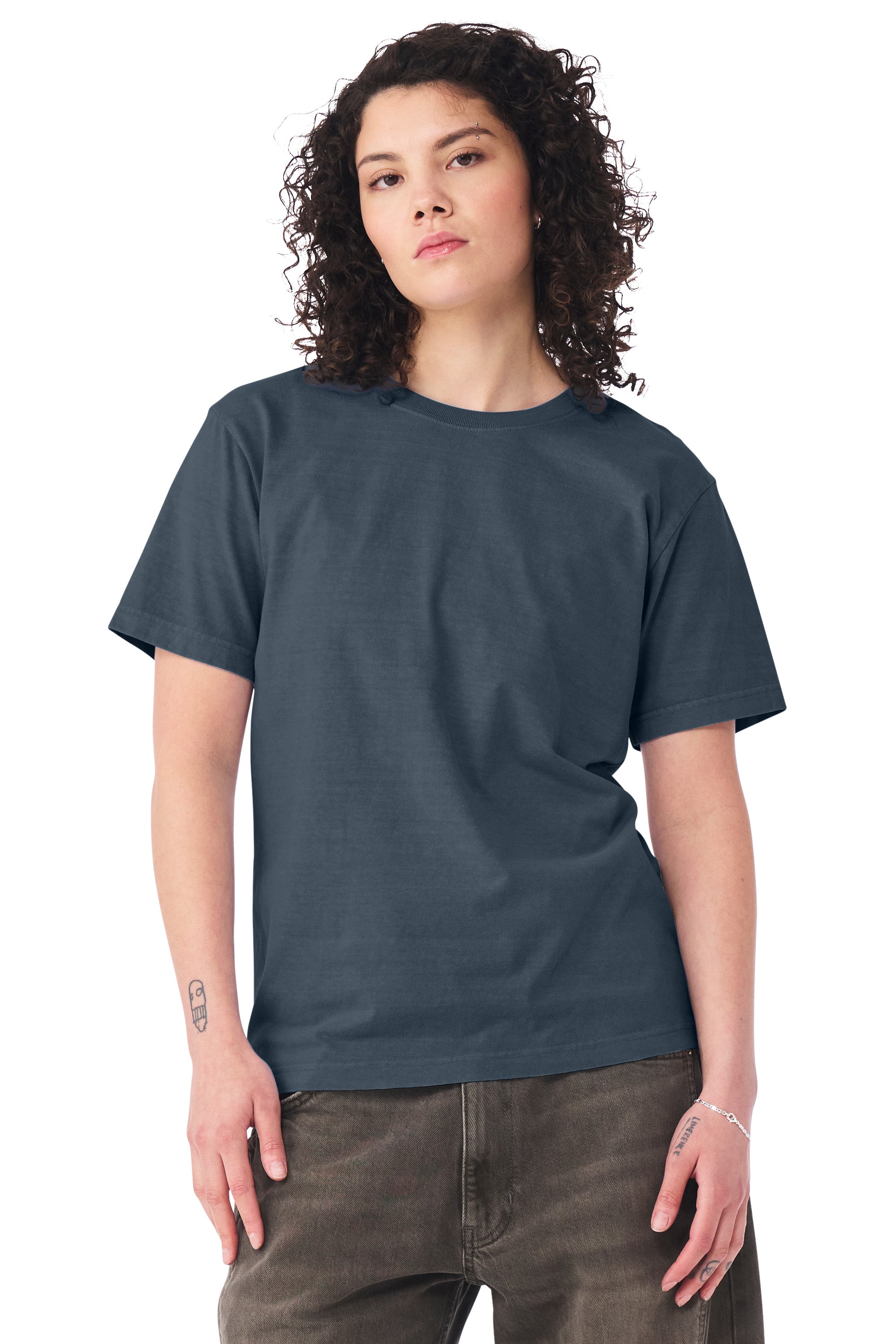 Bella + Canvas BC4810GD Mens Garment Dyed Short Sleeve Crewneck T-Shirt Washed Navy Blue Model Side