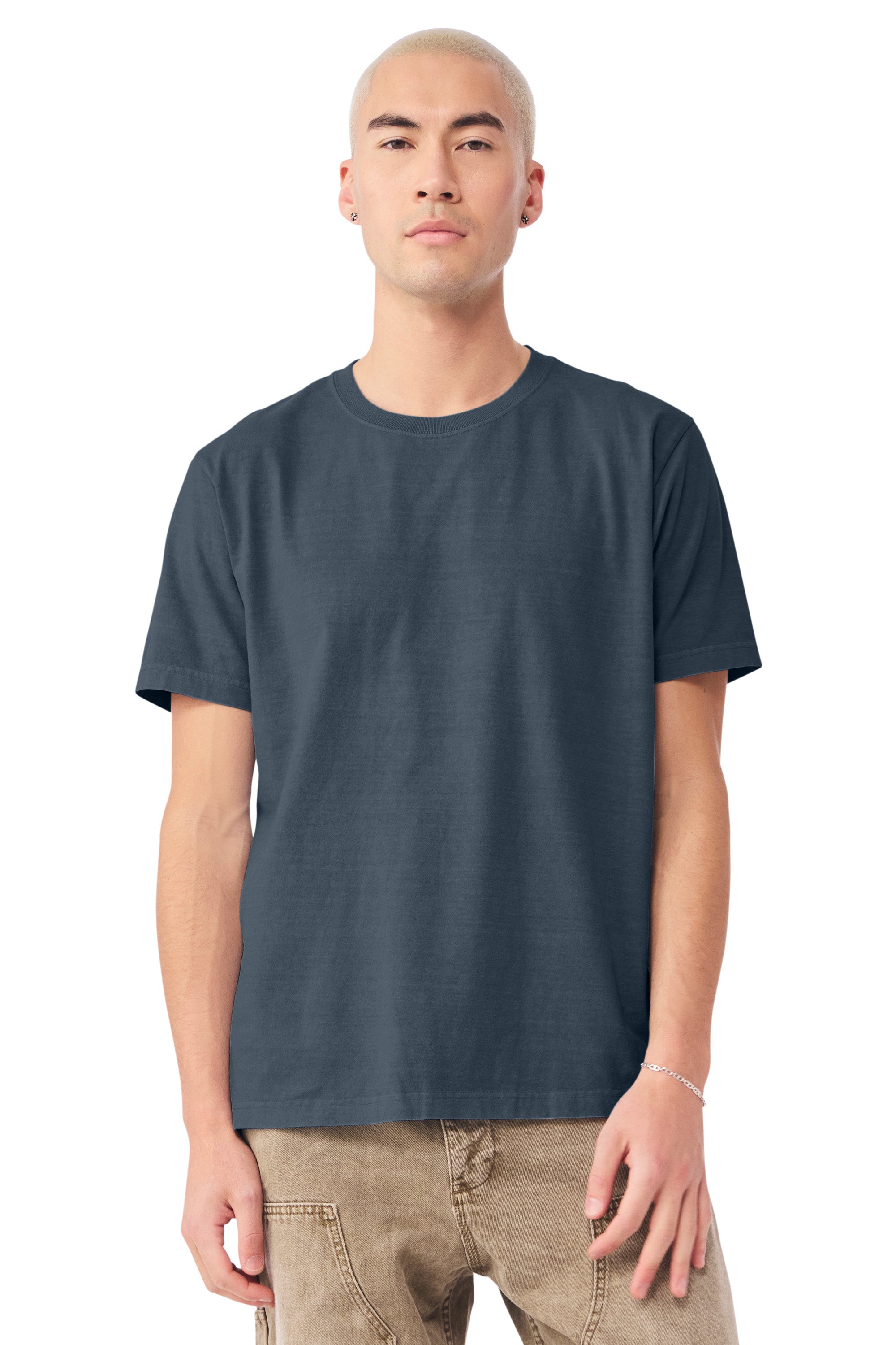 Bella + Canvas BC4810GD Mens Garment Dyed Short Sleeve Crewneck T-Shirt Washed Navy Blue Model Front
