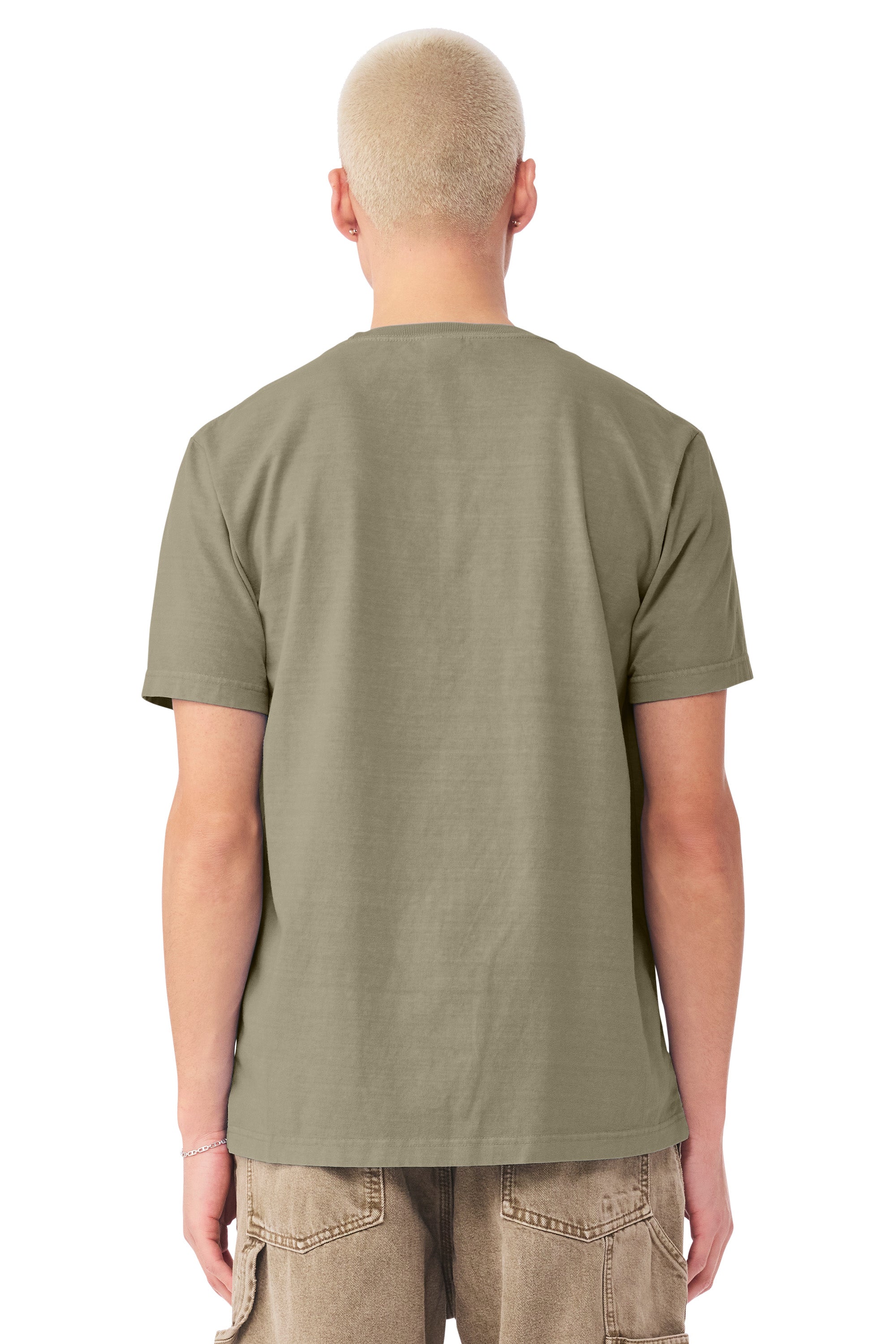 Bella + Canvas BC4810GD Mens Garment Dyed Short Sleeve Crewneck T-Shirt Washed Olive Green Model Back