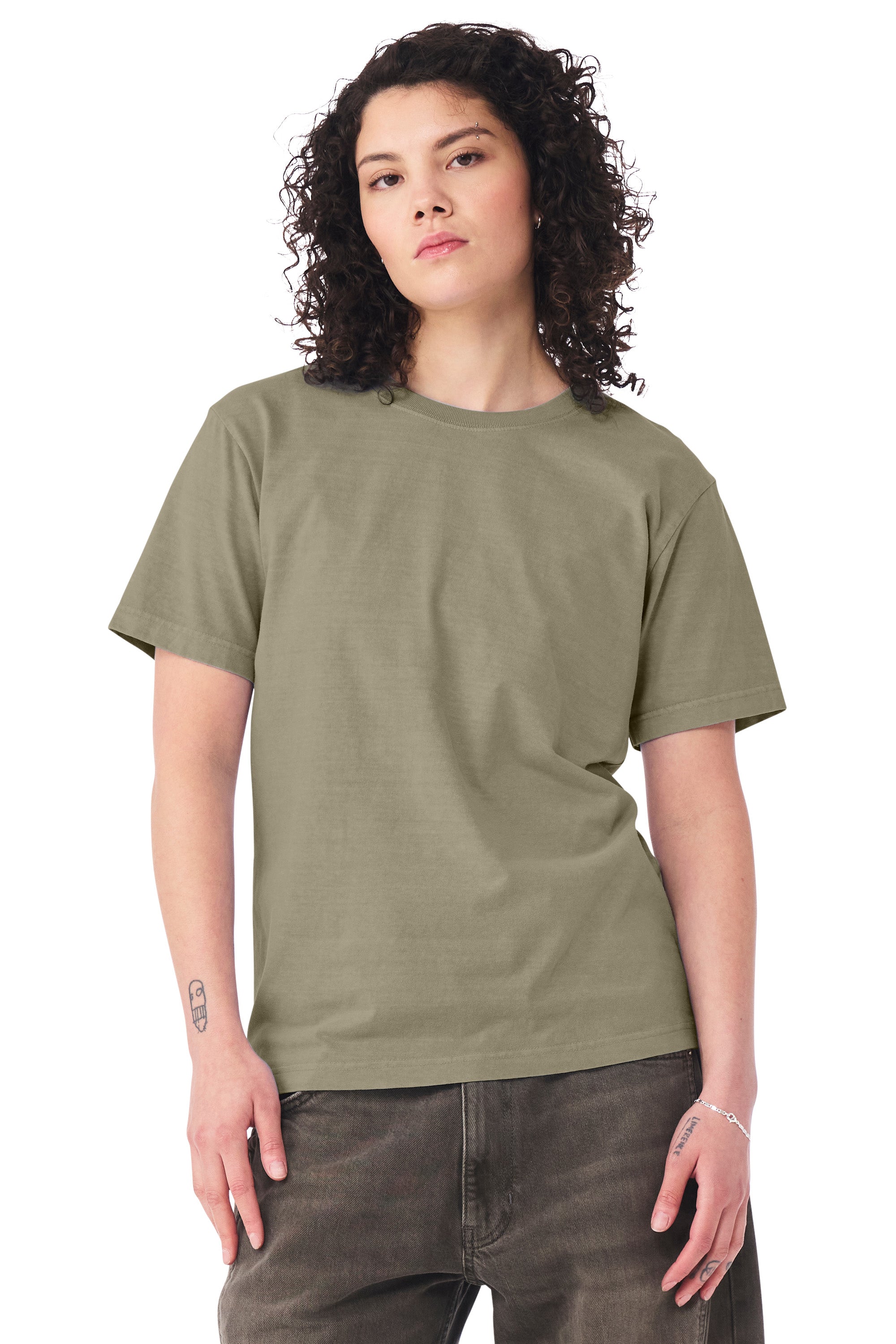 Bella + Canvas BC4810GD Mens Garment Dyed Short Sleeve Crewneck T-Shirt Washed Olive Green Model Side