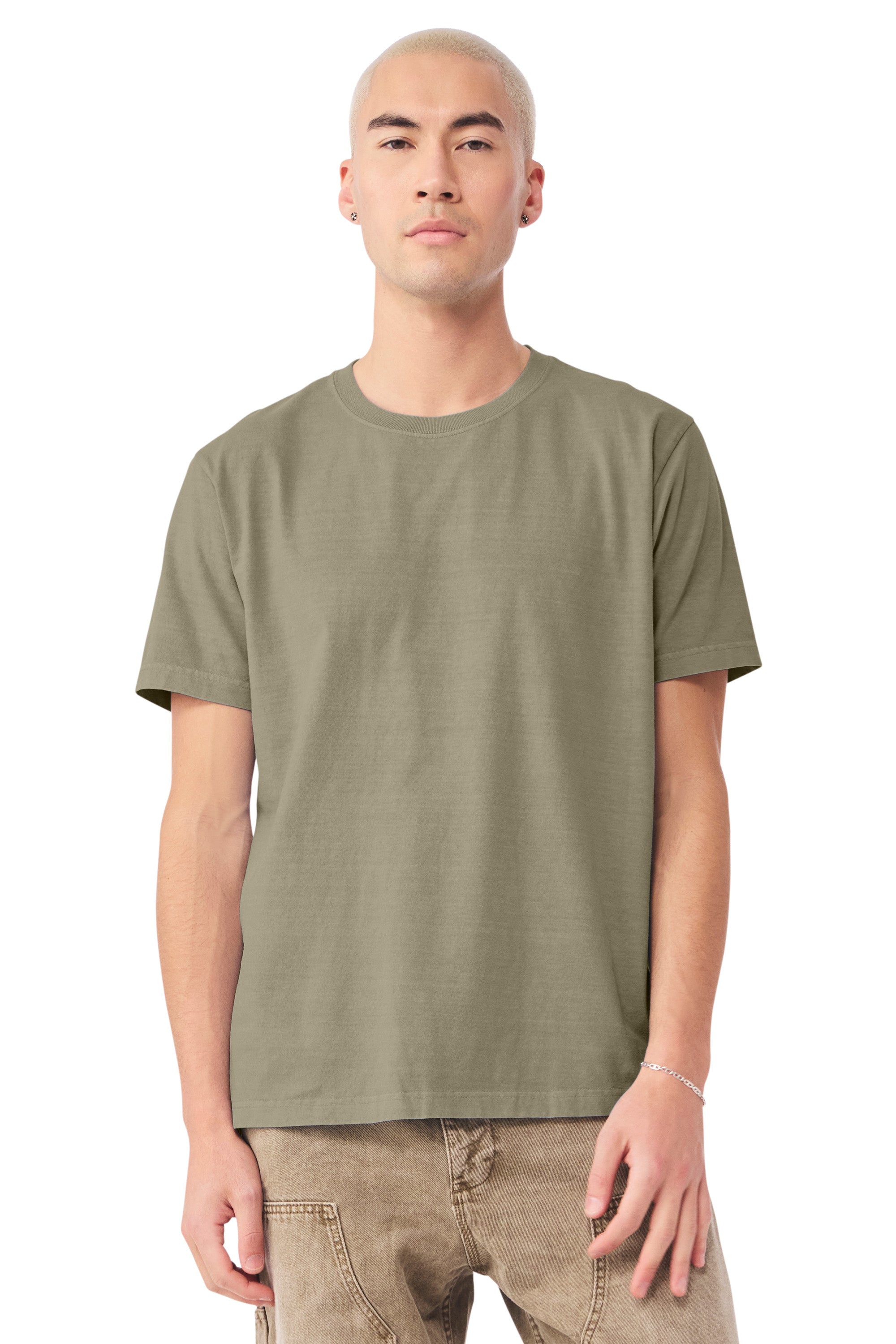 Bella + Canvas BC4810GD Mens Garment Dyed Short Sleeve Crewneck T-Shirt Washed Olive Green Model Front
