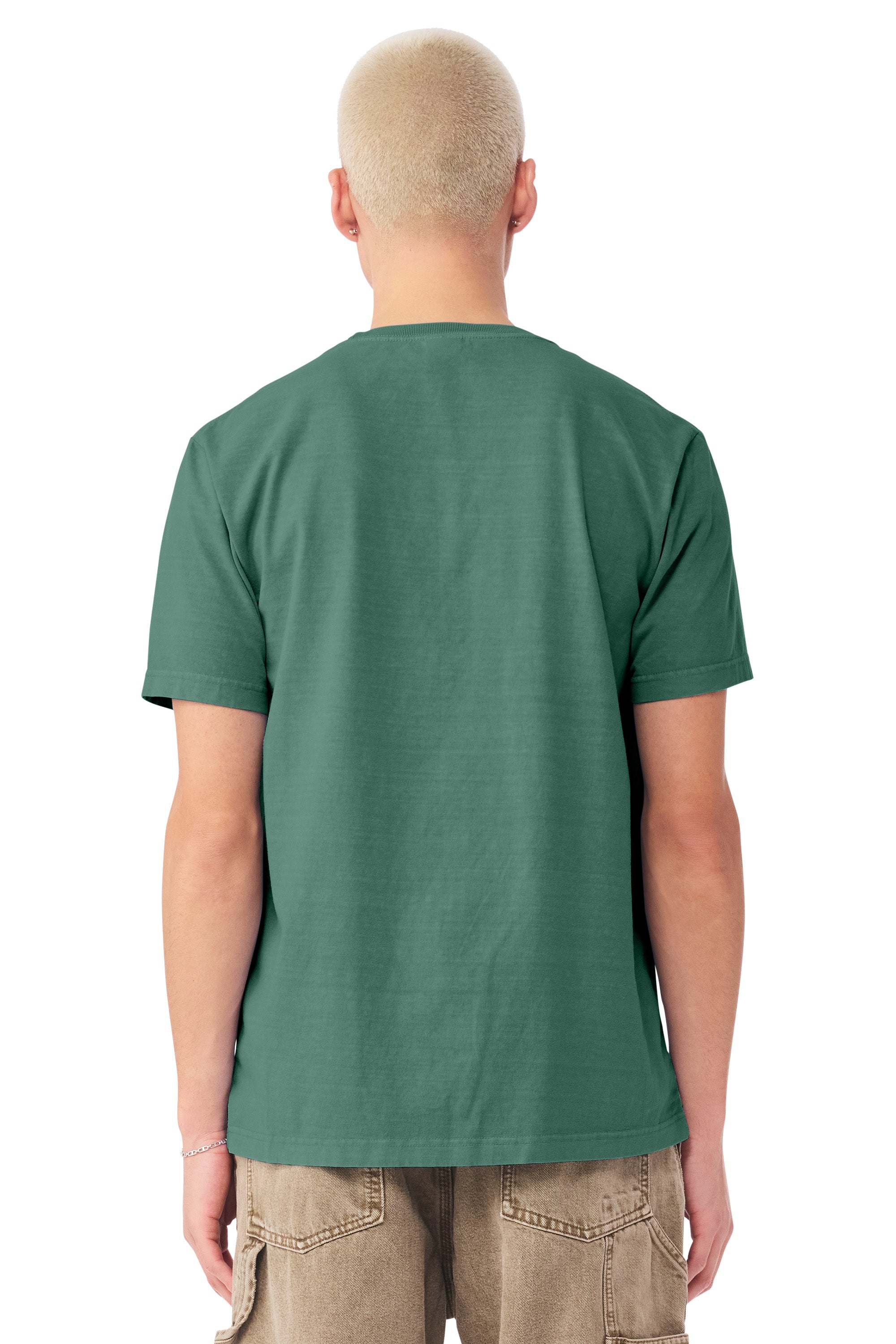 Bella + Canvas BC4810GD Mens Garment Dyed Short Sleeve Crewneck T-Shirt Washed Pine Green Model Back