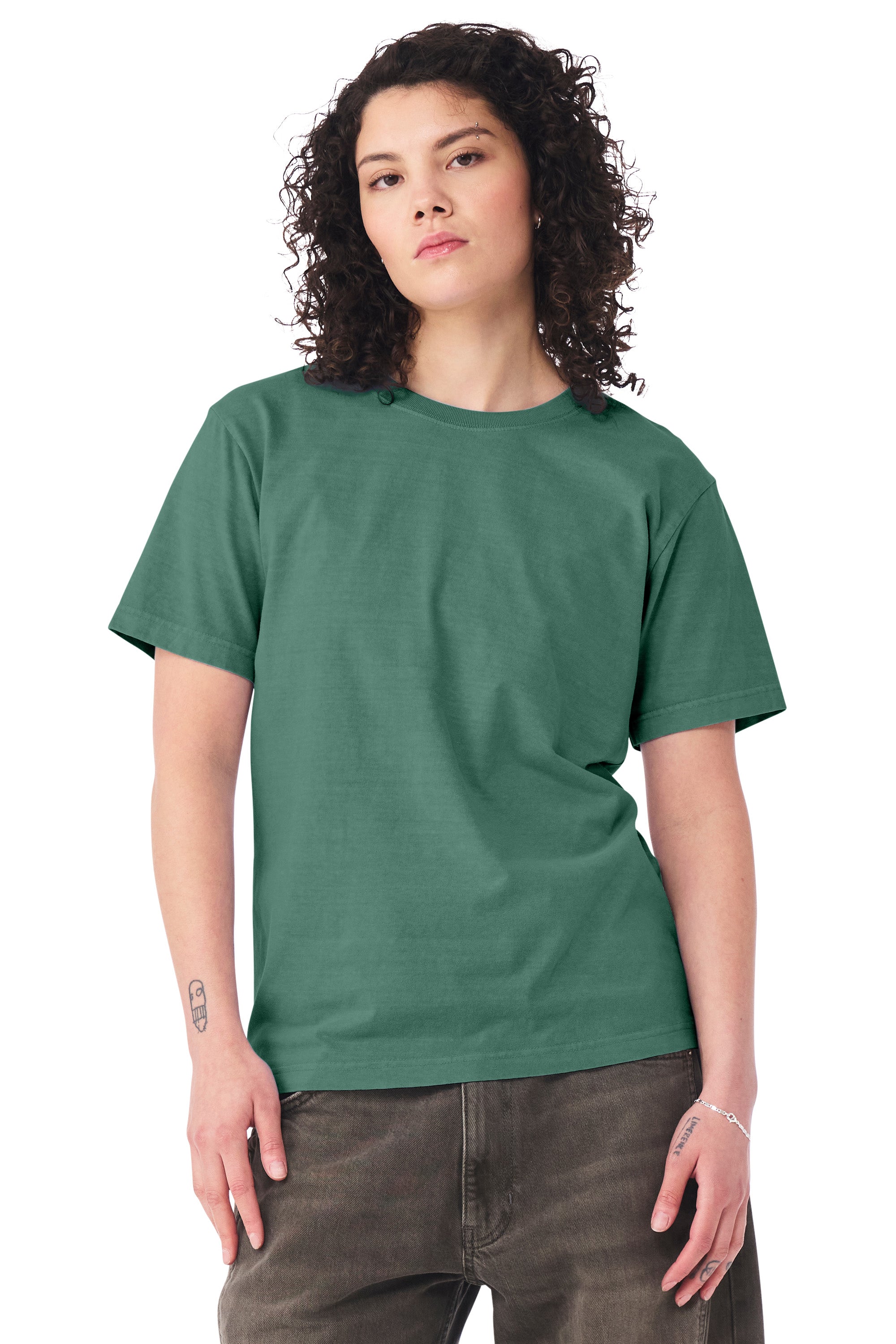Bella + Canvas BC4810GD Mens Garment Dyed Short Sleeve Crewneck T-Shirt Washed Pine Green Model Side