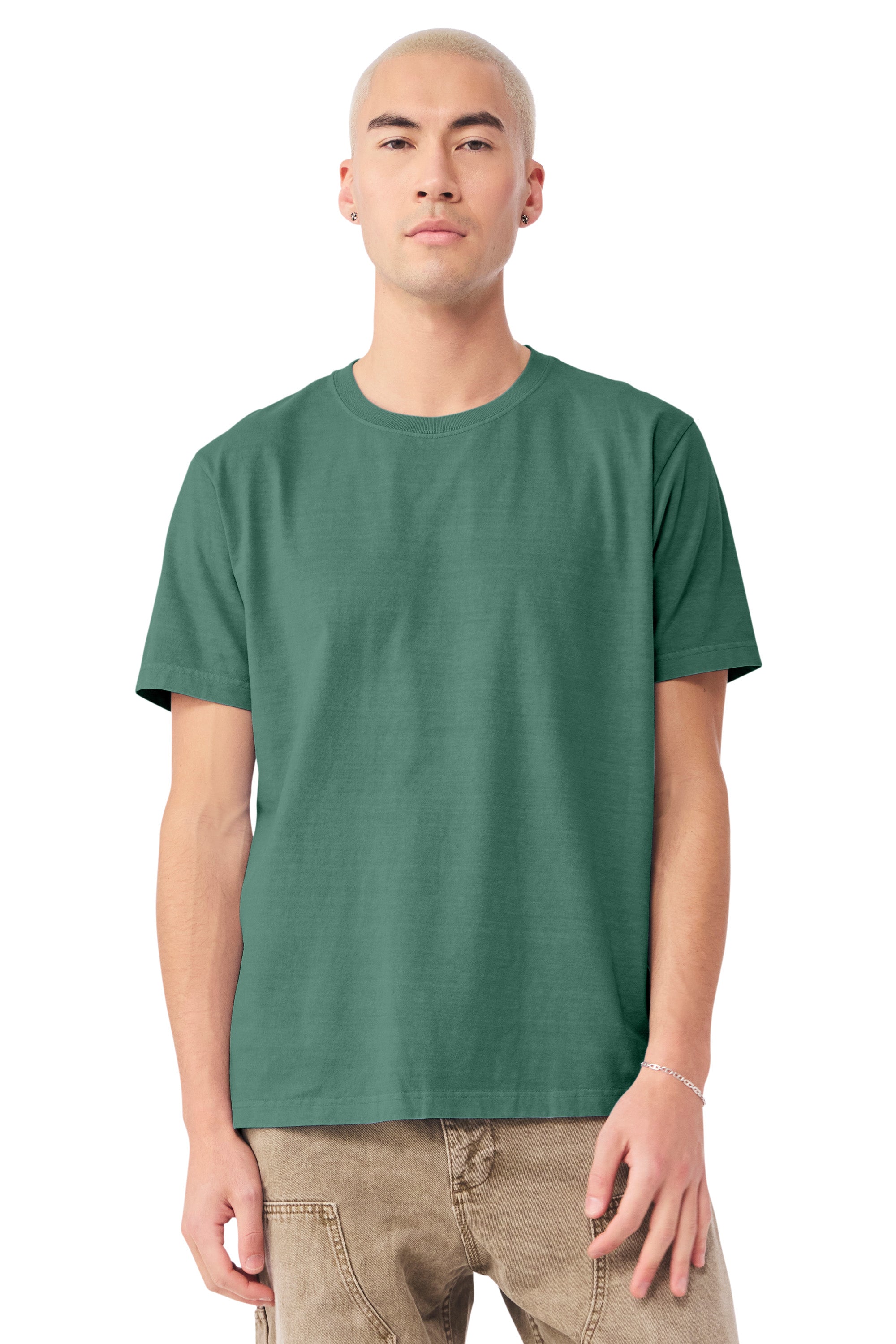 Bella + Canvas BC4810GD Mens Garment Dyed Short Sleeve Crewneck T-Shirt Washed Pine Green Model Front