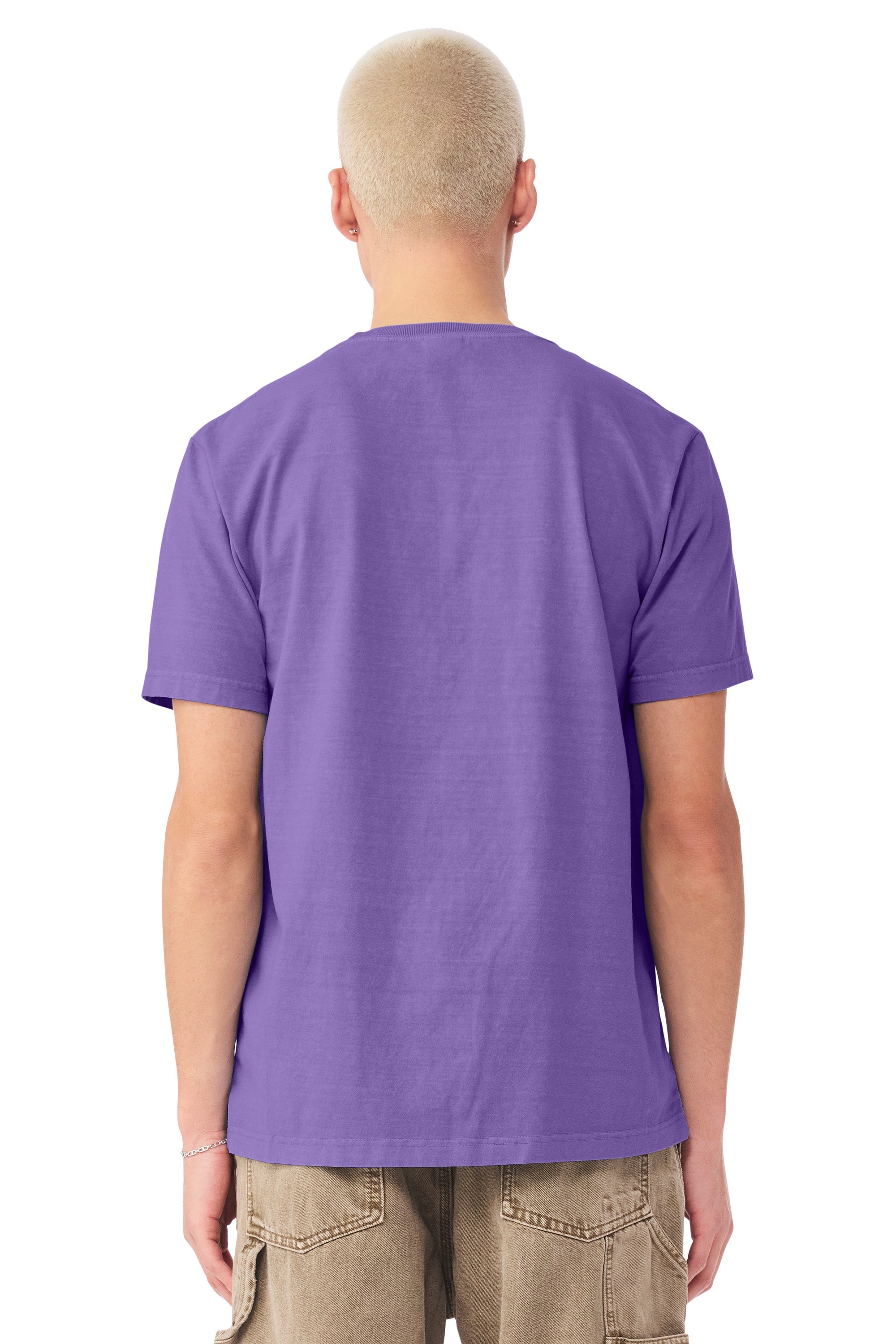 Bella + Canvas BC4810GD Mens Garment Dyed Short Sleeve Crewneck T-Shirt Washed Purple Model Back