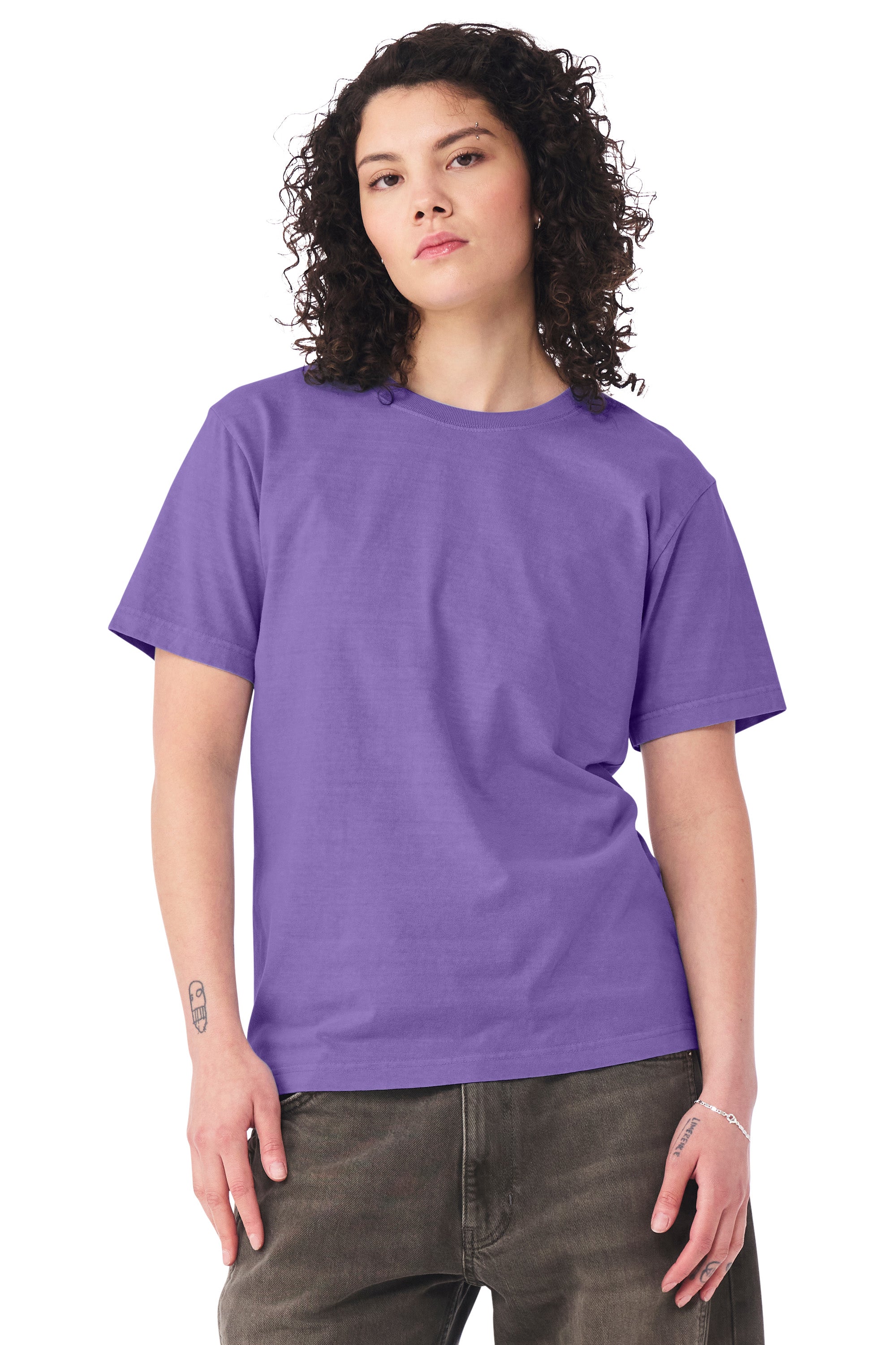 Bella + Canvas BC4810GD Mens Garment Dyed Short Sleeve Crewneck T-Shirt Washed Purple Model Side