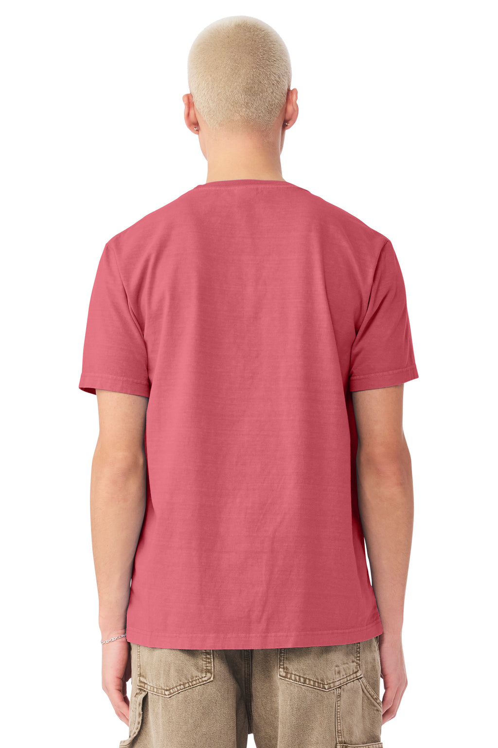Bella + Canvas BC4810GD Mens Garment Dyed Short Sleeve Crewneck T-Shirt Washed Red Model Back