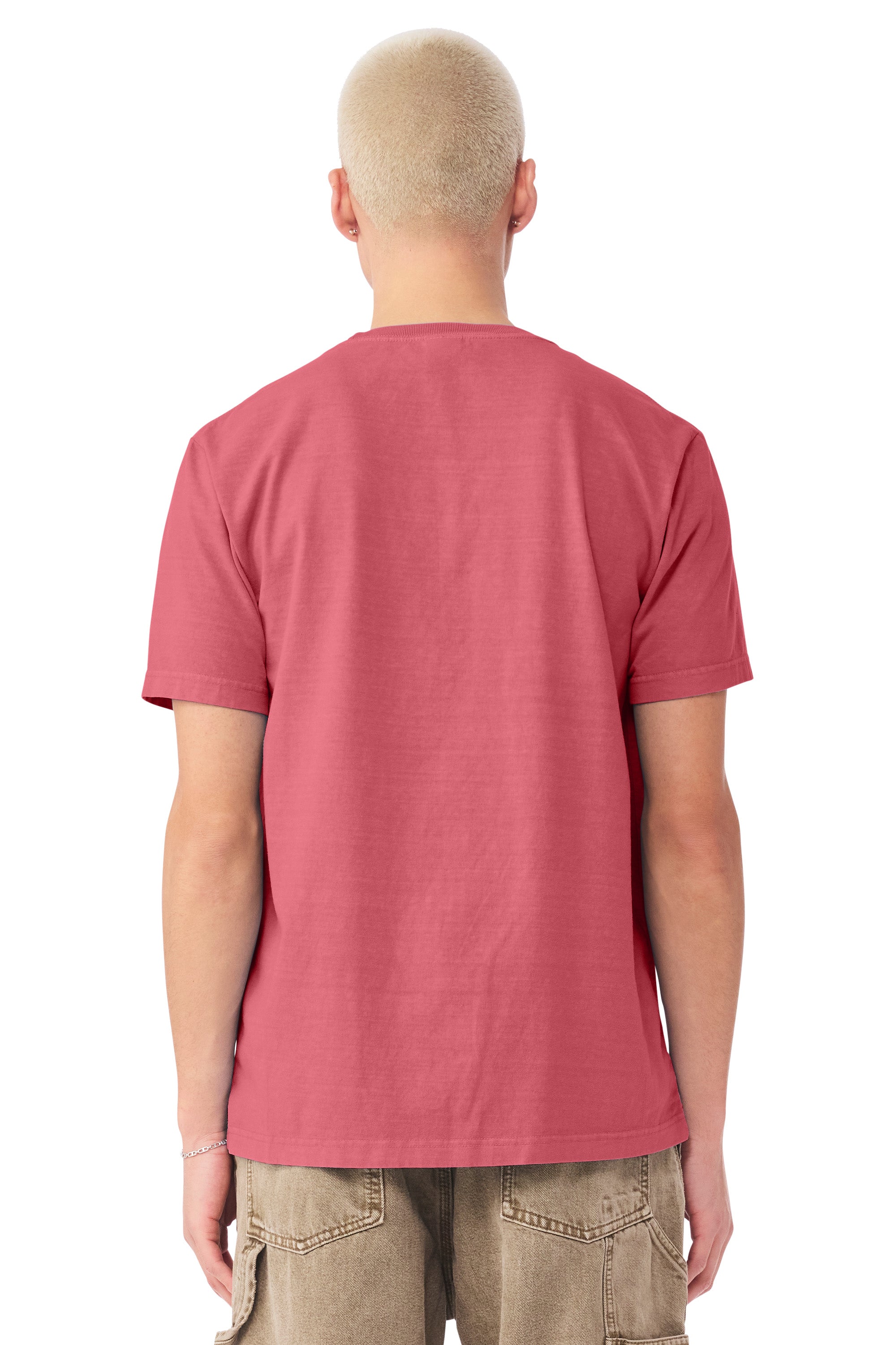 Bella + Canvas BC4810GD Mens Garment Dyed Short Sleeve Crewneck T-Shirt Washed Red Model Back