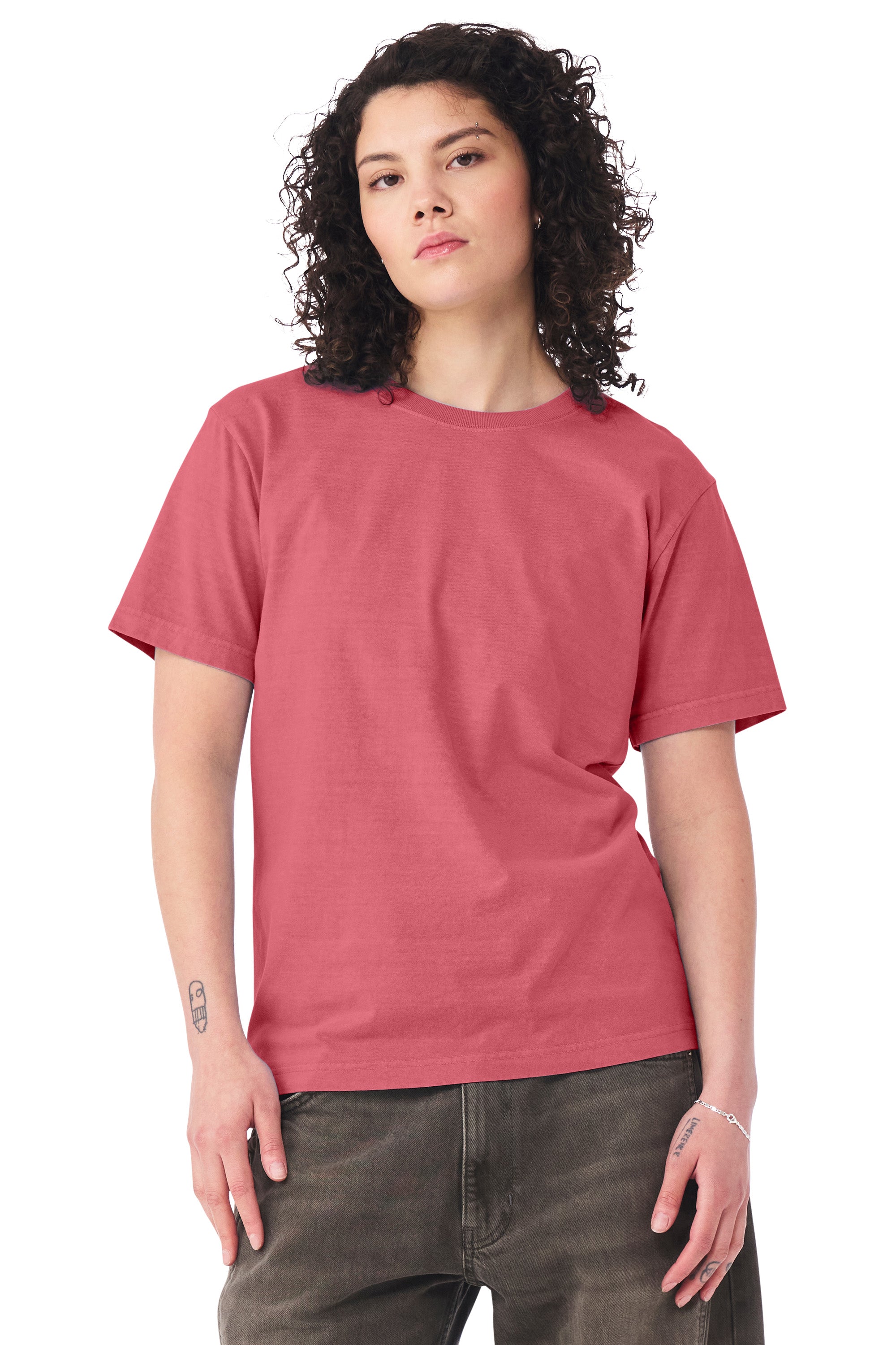 Bella + Canvas BC4810GD Mens Garment Dyed Short Sleeve Crewneck T-Shirt Washed Red Model Side