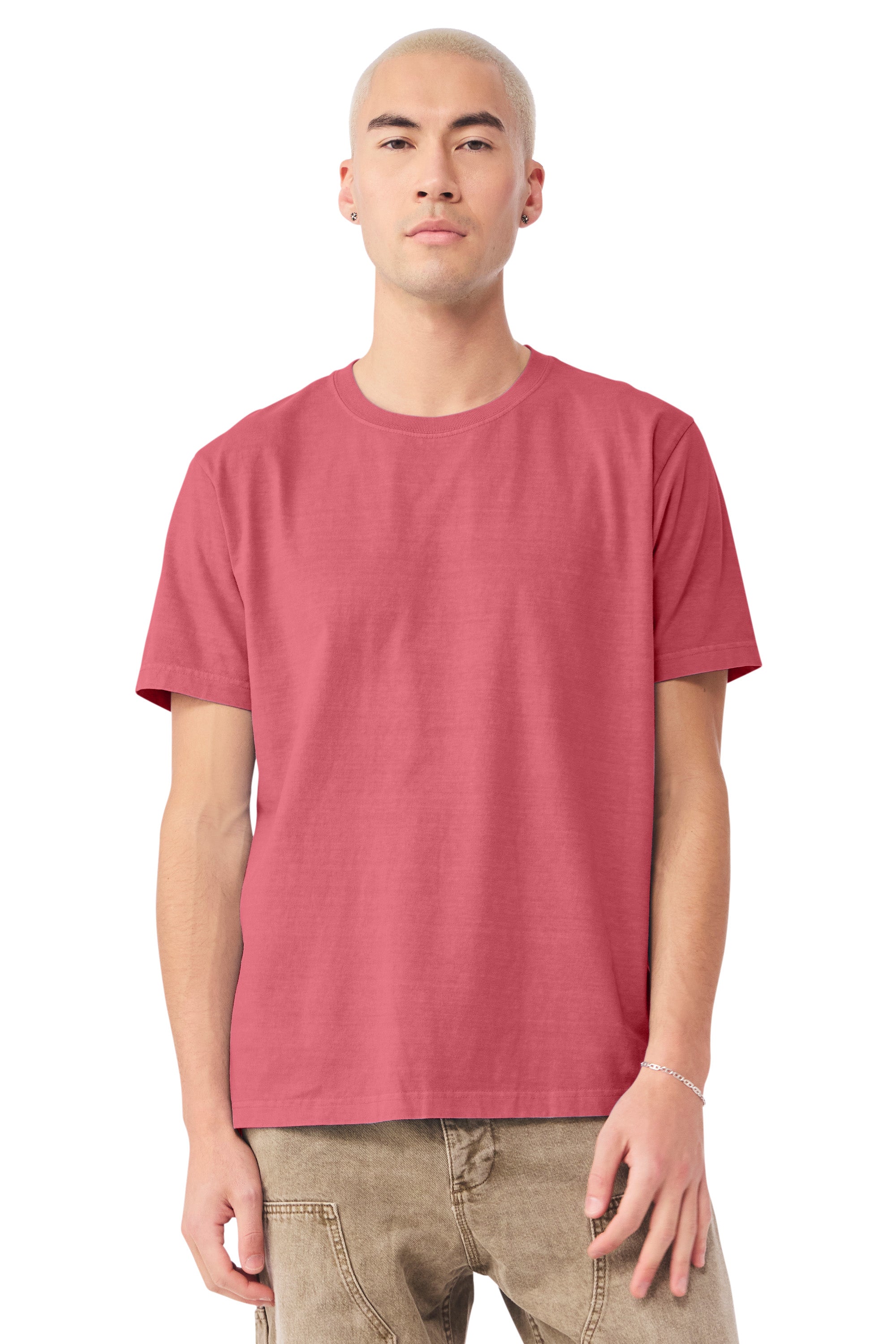 Bella + Canvas BC4810GD Mens Garment Dyed Short Sleeve Crewneck T-Shirt Washed Red Model Front