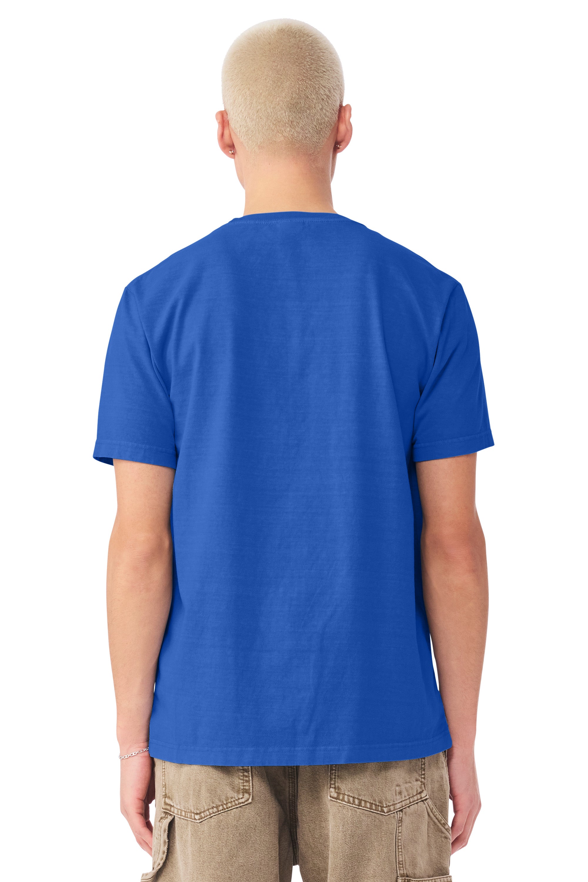 Bella + Canvas BC4810GD Mens Garment Dyed Short Sleeve Crewneck T-Shirt Washed Royal Blue Model Back