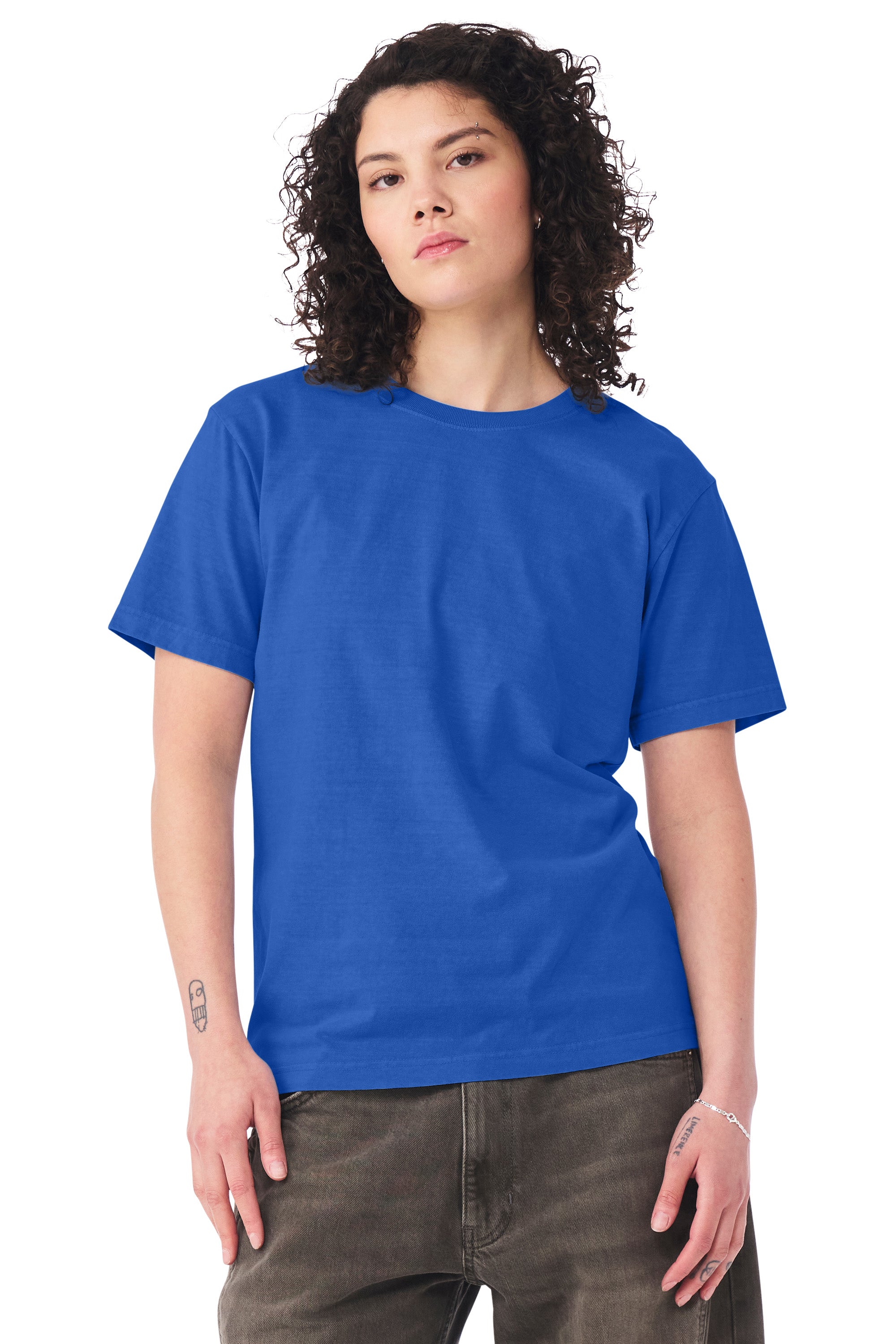Bella + Canvas BC4810GD Mens Garment Dyed Short Sleeve Crewneck T-Shirt Washed Royal Blue Model Side