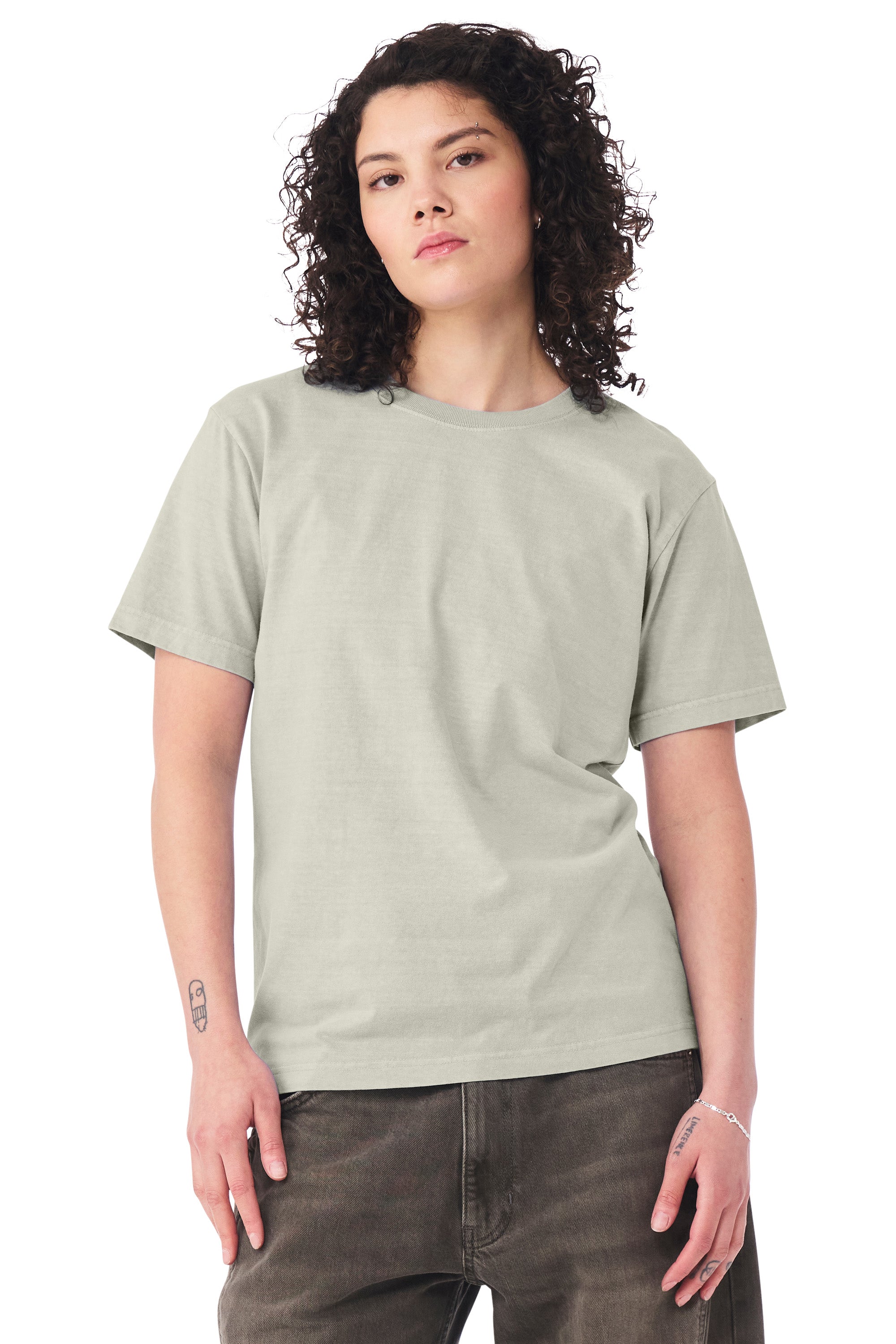 Bella + Canvas BC4810GD Mens Garment Dyed Short Sleeve Crewneck T-Shirt Washed Thyme Model Side