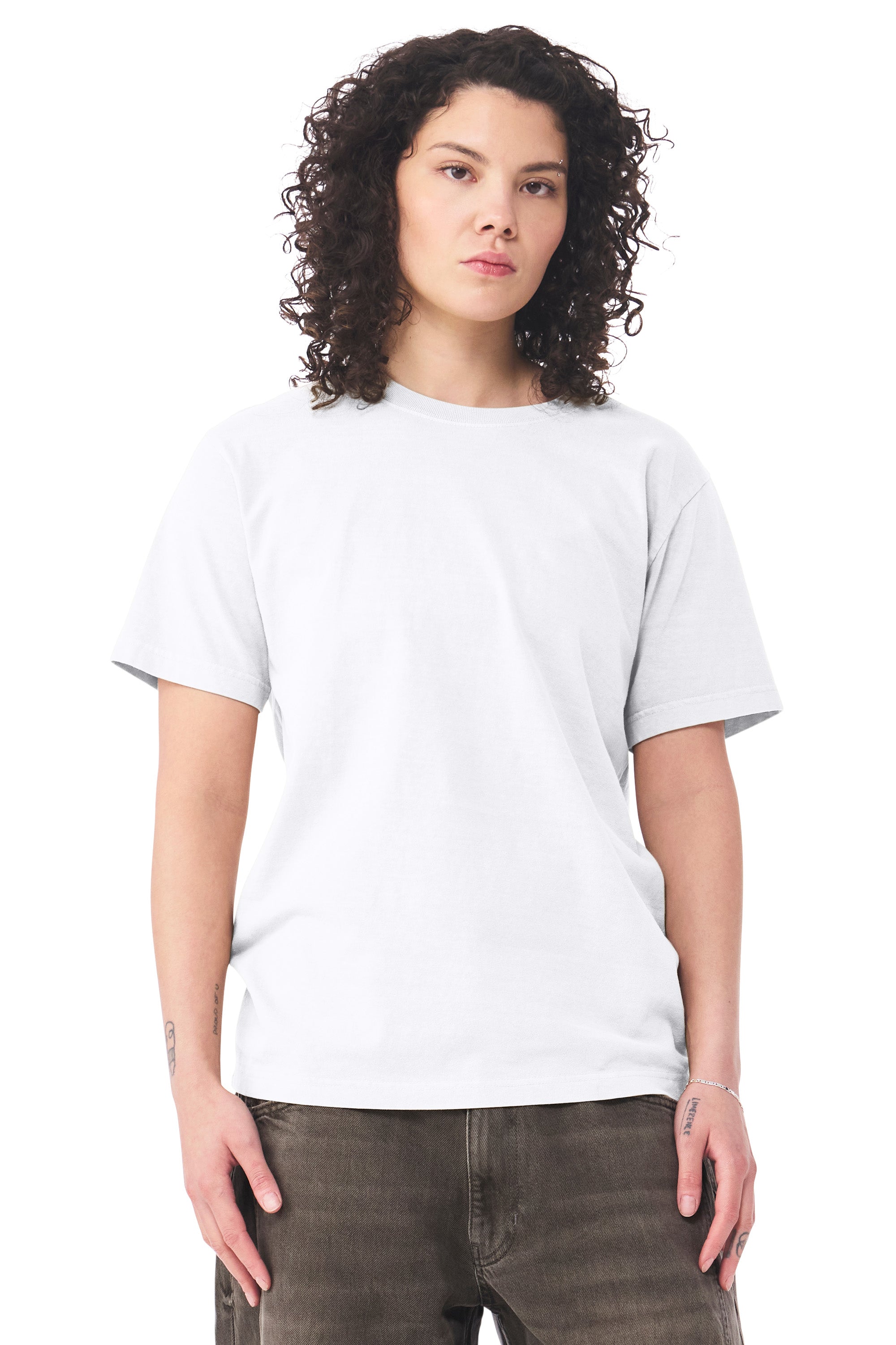Bella + Canvas BC4810GD Mens Garment Dyed Short Sleeve Crewneck T-Shirt White Model Side
