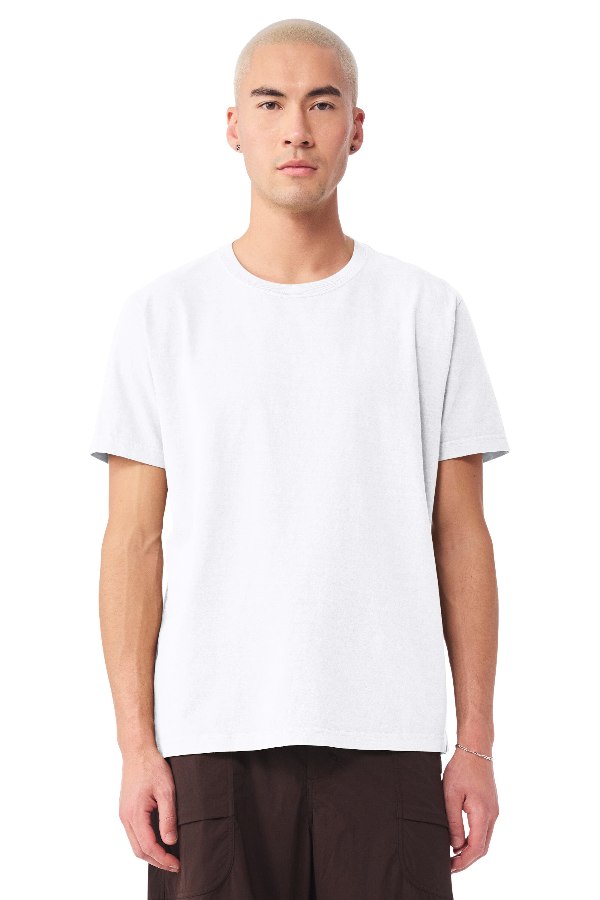 Bella + Canvas BC4810GD Mens Garment Dyed Short Sleeve Crewneck T-Shirt White Model Front